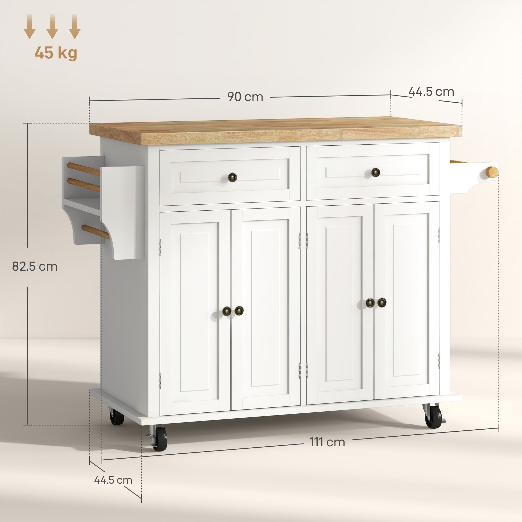 Rolling Kitchen Island Storage Trolley with Rubber Wood Top & Drawers for Dining Room, Cream White