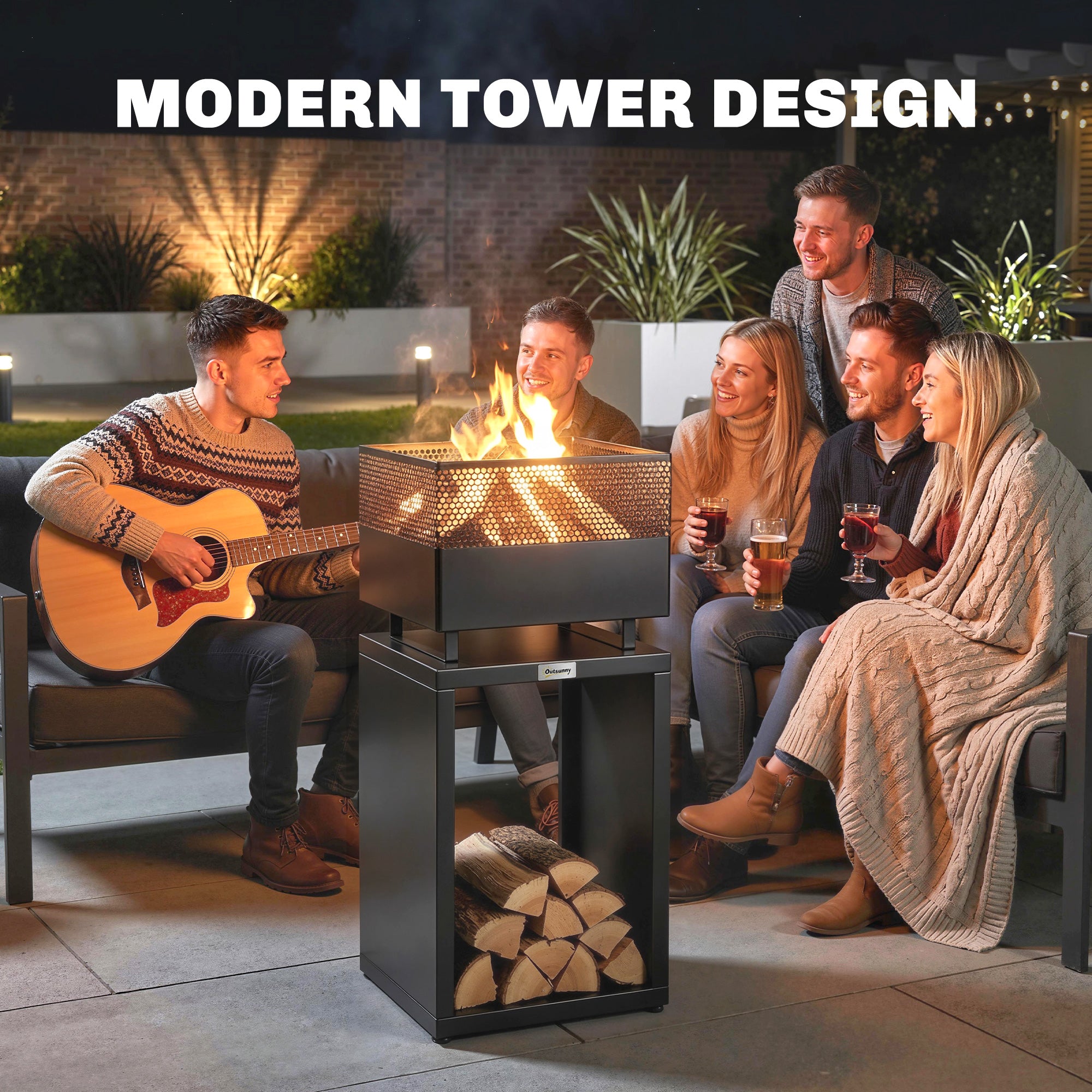 Outdoor Fire Pit with Wood Storage Wood Burning Firepit with Mesh Sides 87 cm Black