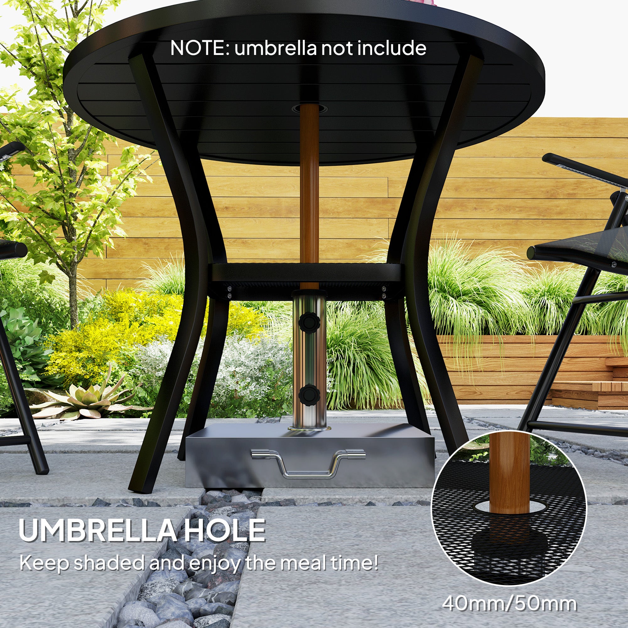90cm Round Steel Garden Dining Table with Parasol Hole and Wire Shelf - Black