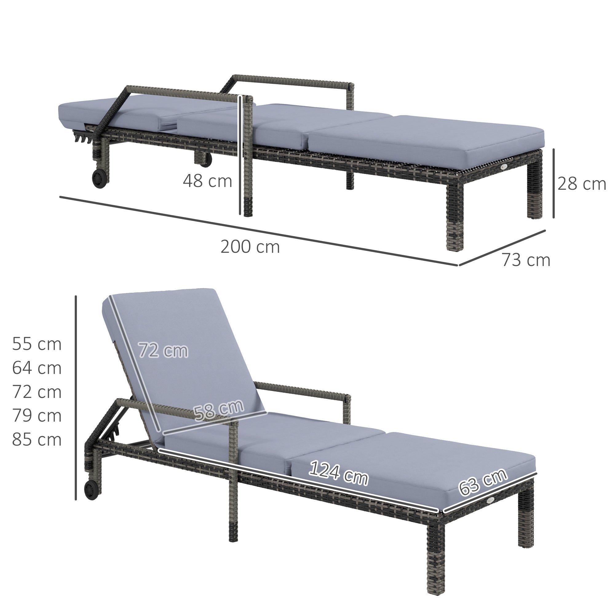 Outdoor PE Rattan Sun Lounger Set of 2, Wicker Chaise Recliner Garden Chair with 5-Level Adjustable Backrest and 2 Wheels, Dark Grey