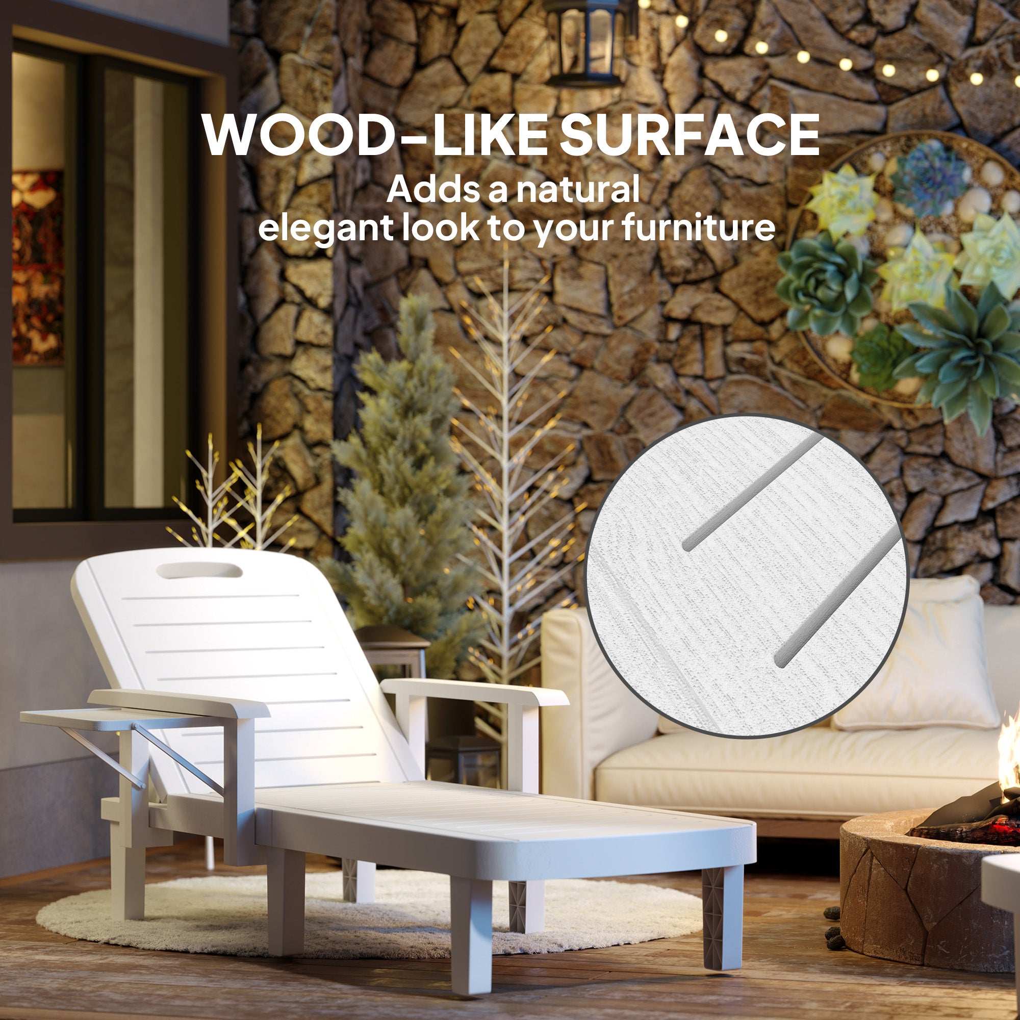 Set of 2 Resin Reclining Sun Loungers for Garden, 5 Positions Adjustable Outdoor Chaise Lounge Chairs with Wood Texture Surface, Armrests, Foldable Side Table for Garden, Beach, White