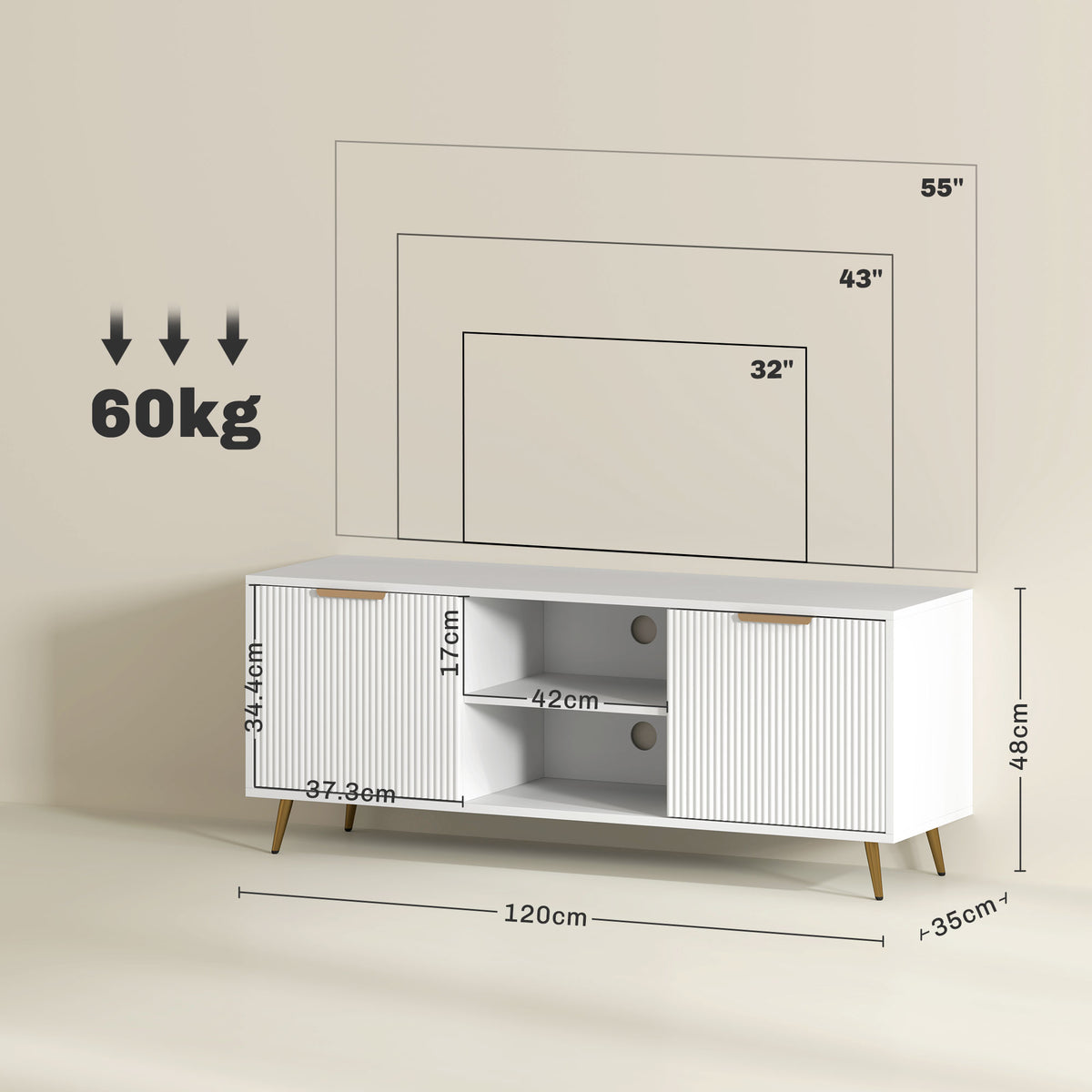 Modern TV Stand Cabinet for TVs up to 55" with 2 Open Shelves & 2 Cabinets, Cable Management - White