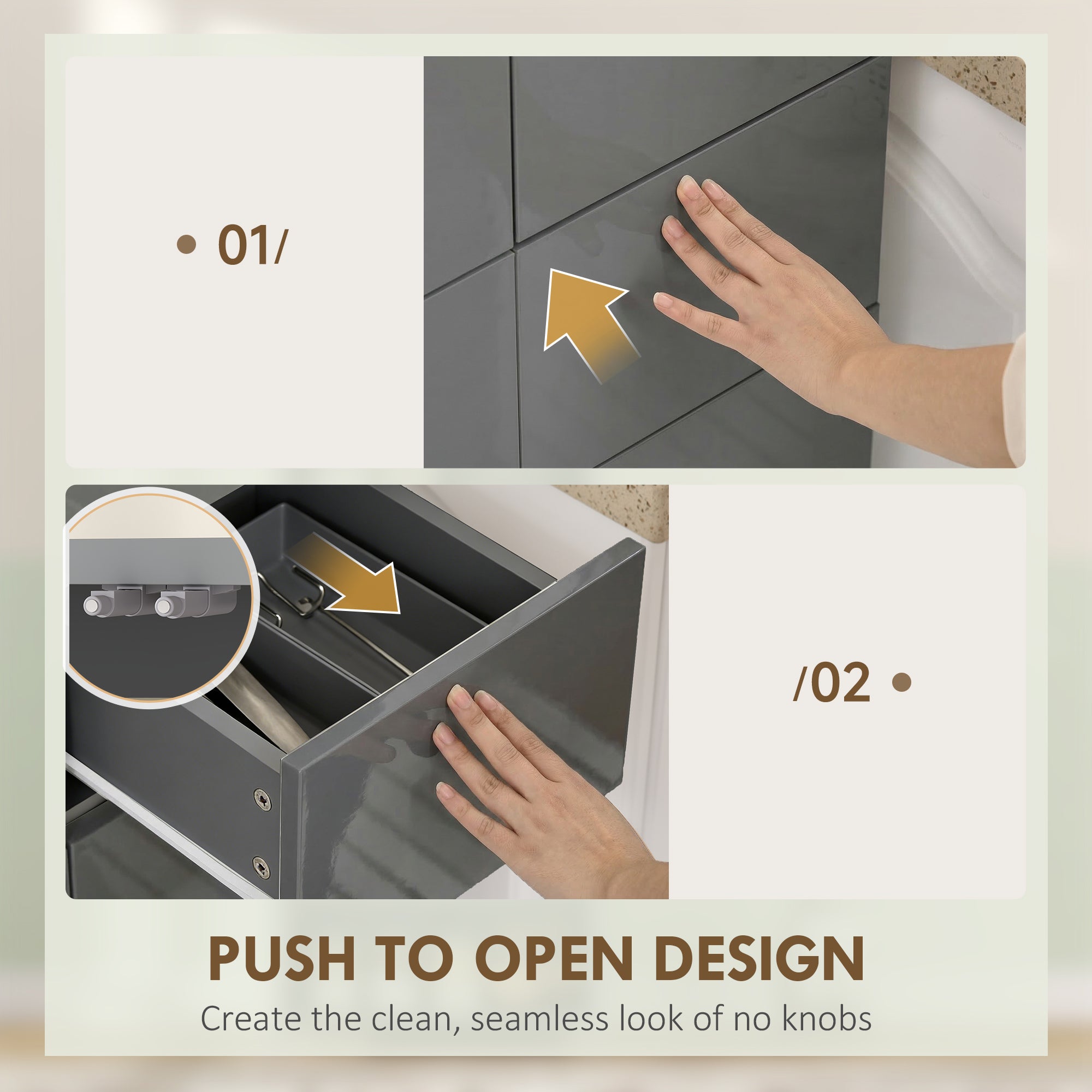 Storage Cabinet, Kitchen Cupboard with 3 Adjustable Shelves, 60L x 35W x 170H cm, High Gloss Grey