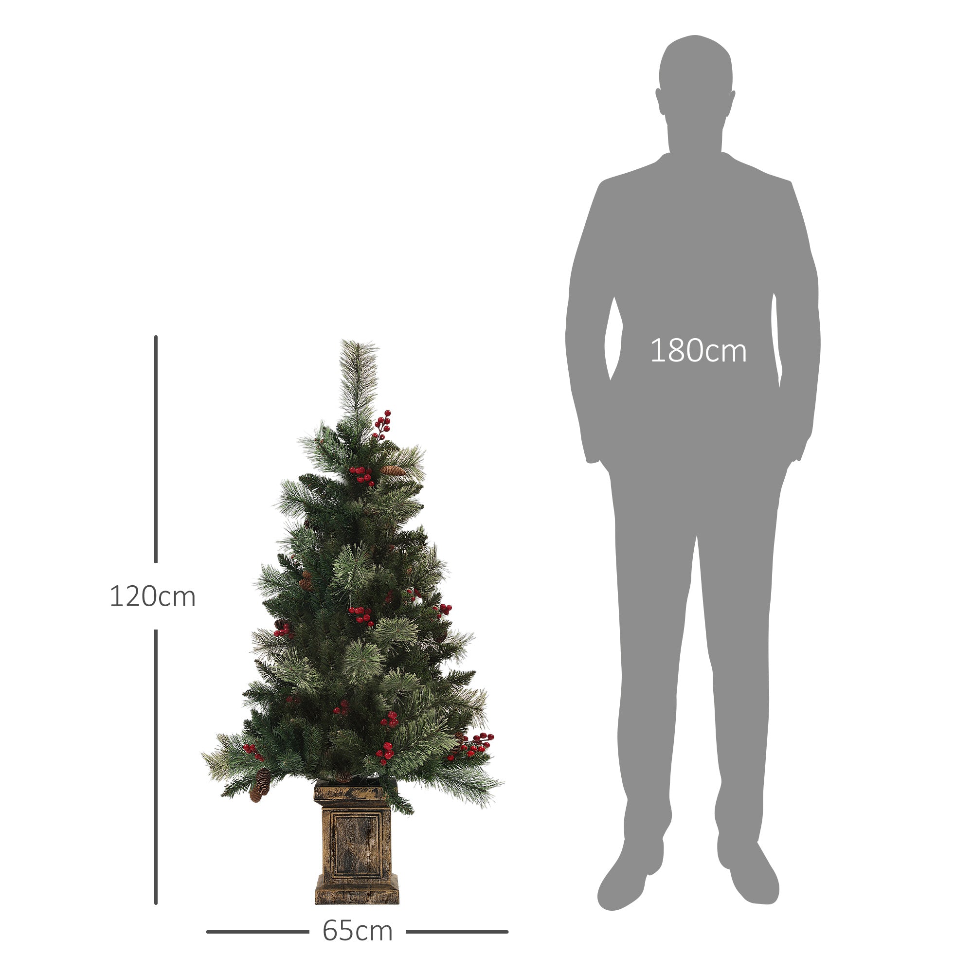 1.2m/4ft Artificial Christmas Tree with 100 Warm White LED Lights and 8 Modes, Small Xmas Tree with Red Berries, Pine Cones and Retro Base, Green