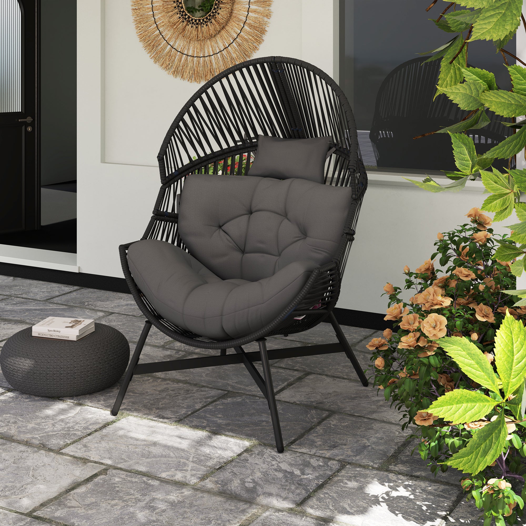 Standing Rattan Egg Chair with Steel Frame and Thick Cushion - Charcoal Grey