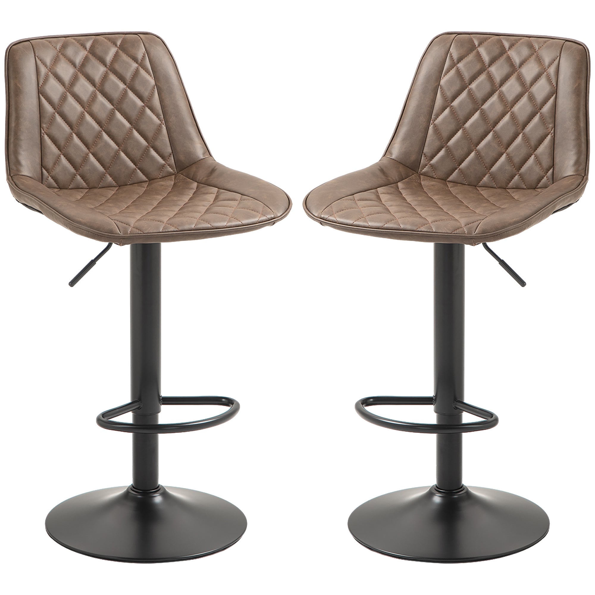 Bar Stools Set of 2, Retro Adjustable Kitchen Stool, Swivel PU Leather Upholstered Bar Chairs with Back, Footrest and Steel Base, Brown