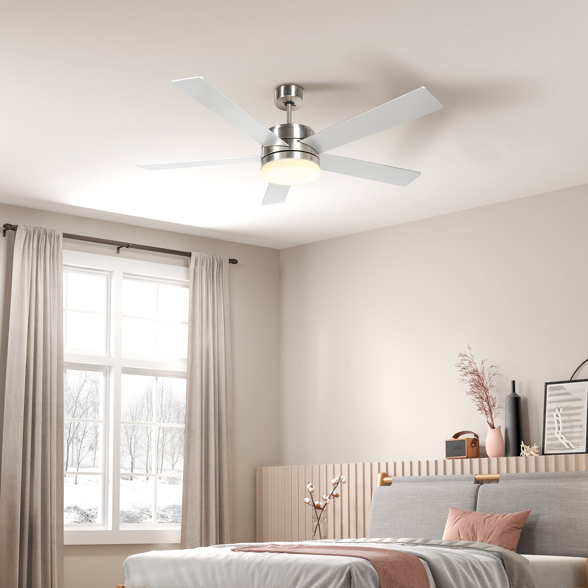 52" Ceiling Fans with Light and Remote, 132CM LED Ceiling Fan with 5 Blades, 5-Speed, Timer, Quiet Reversible DC Motor, for Bedroom, Living Room, Silver and Beech Wood-effect