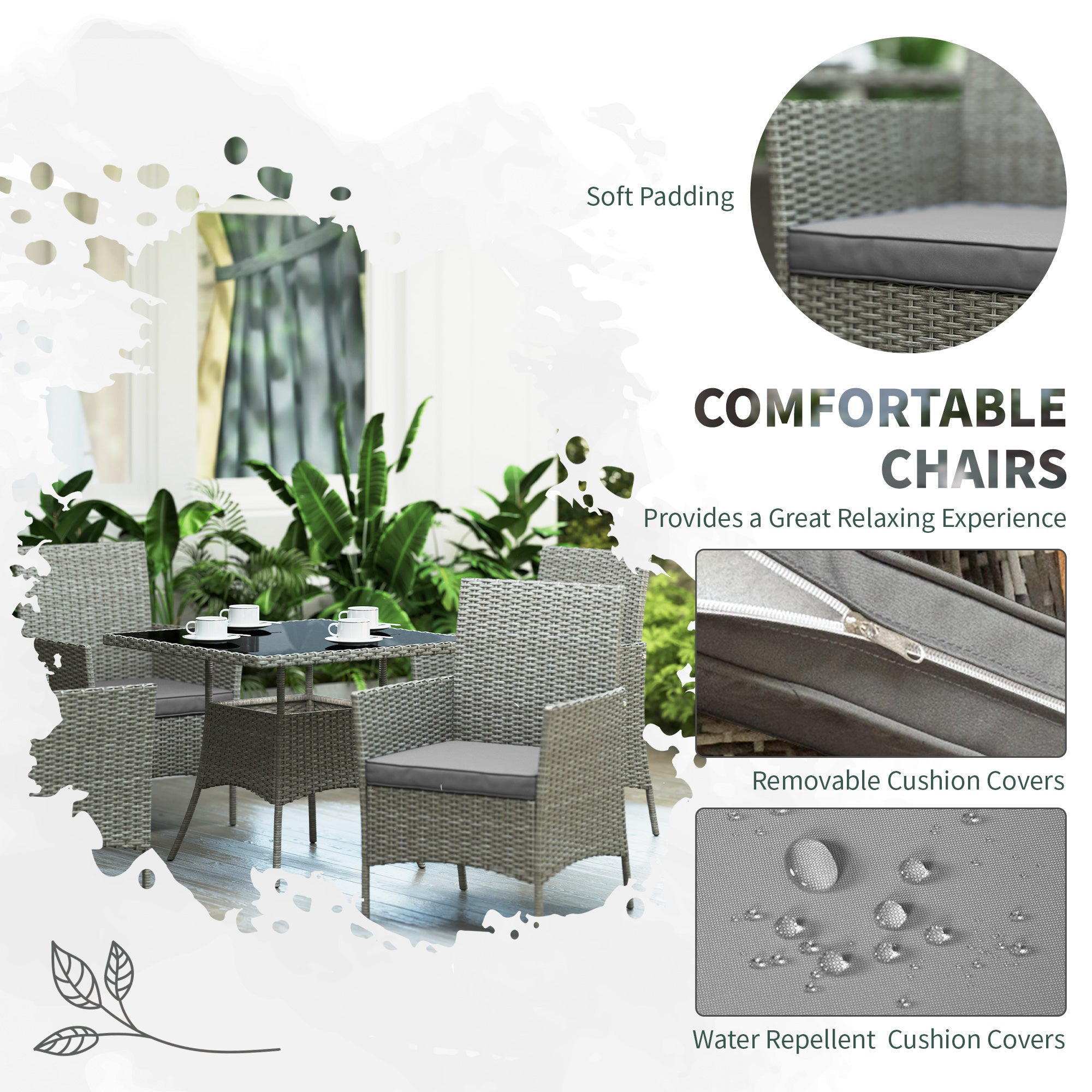 Five-Pieces Rattan Outdoor Dining Set with Cushions - Light Grey