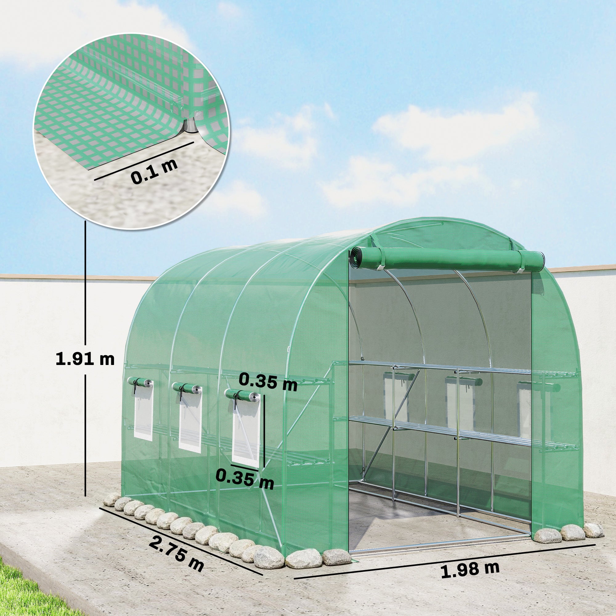 Walk-in Greenhouse with Shelves, Polytunnel Greenhouse with Roll-Up Door, 6 Mesh Windows,198 x 275 x 191 cm, Green