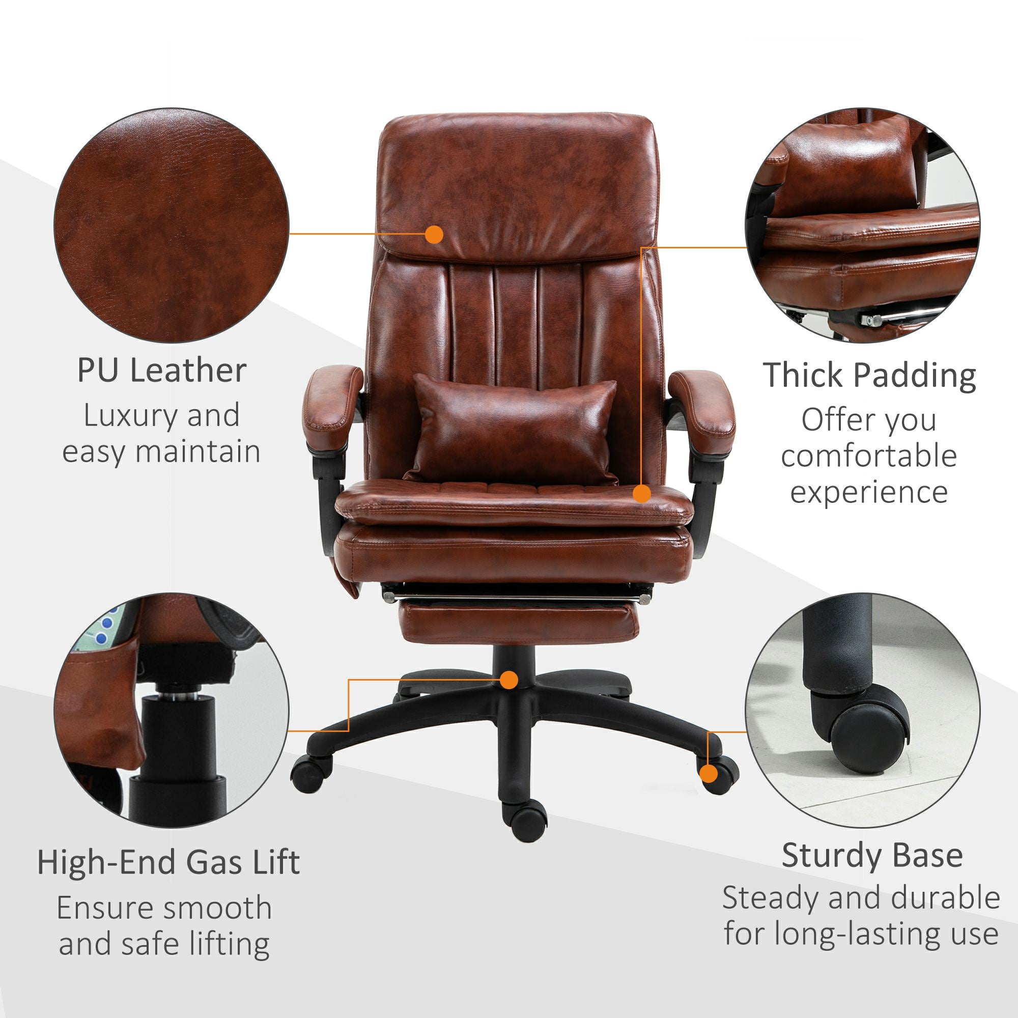 High Back Office Chair, Gaming Recliner Chair with Footrest, 7 Massage Points, Adjustable Height, Reclining Back, PU Leather, Brown