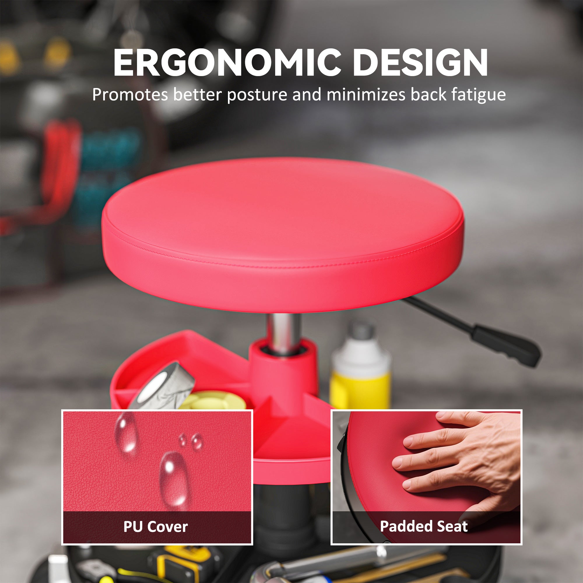 Rolling Mechanic Stool, 135kg Capacity Workshop Stool, 360° Swivel Roller Padded Creeper Seat with Wheels, Tool Trays Storage for Garage, Shop, Auto Repair, Red
