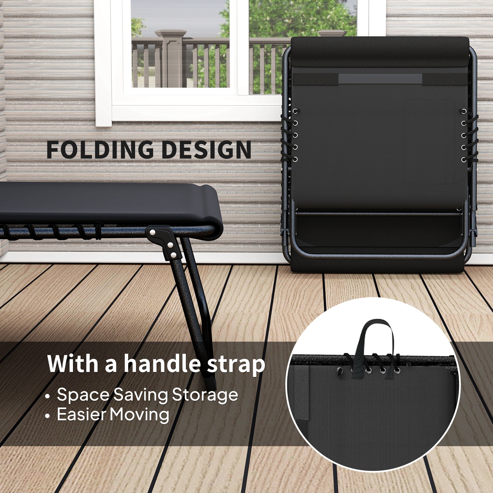 Set of 2 Folding Recliner Sun Loungers with Quick Drying Pad & Side Pocket - Black