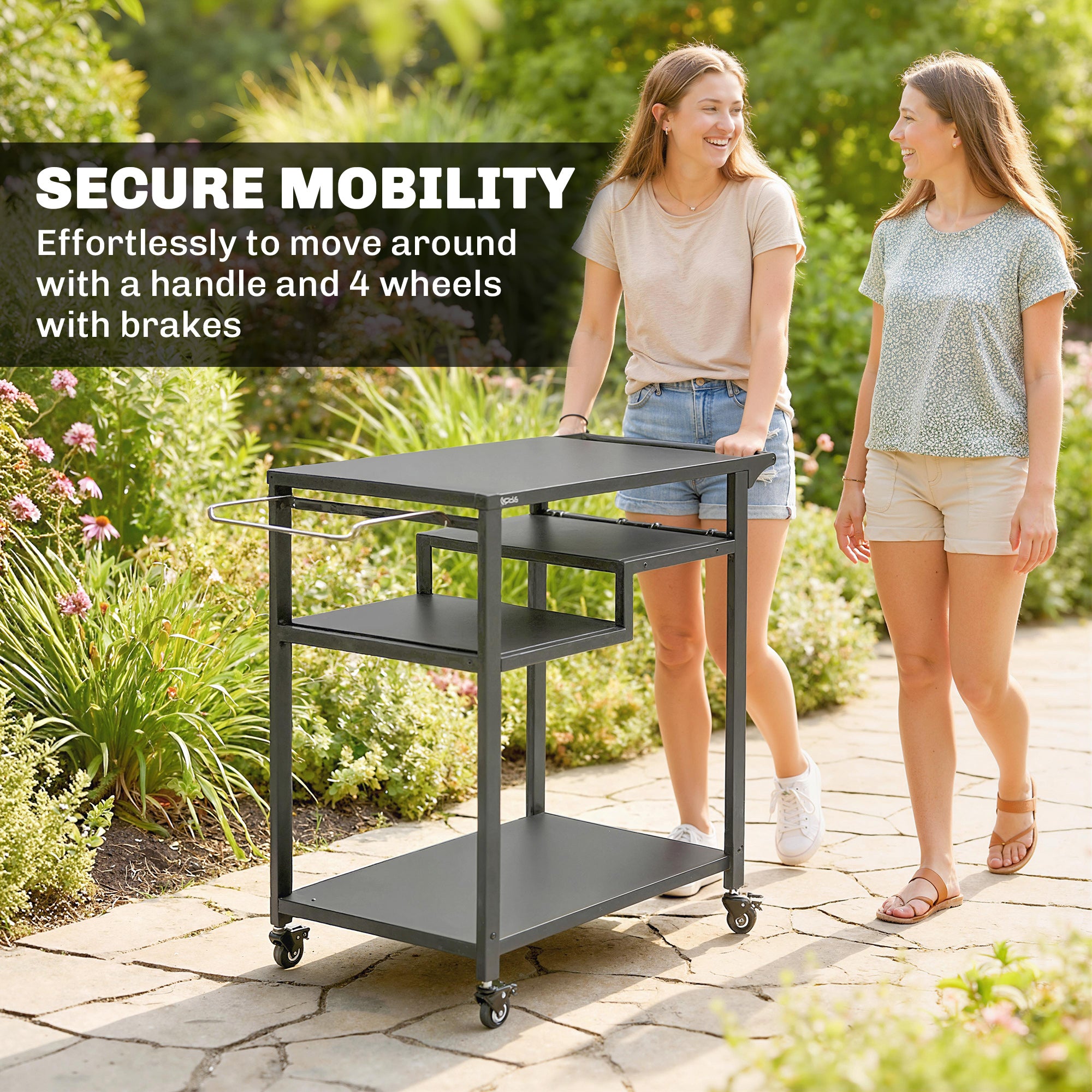 Outdoor Grill Cart, Three-Tier Pizza Oven Stand with Steel Tabletop, Hooks, Rubbish Bag Holder, Wheels, Black