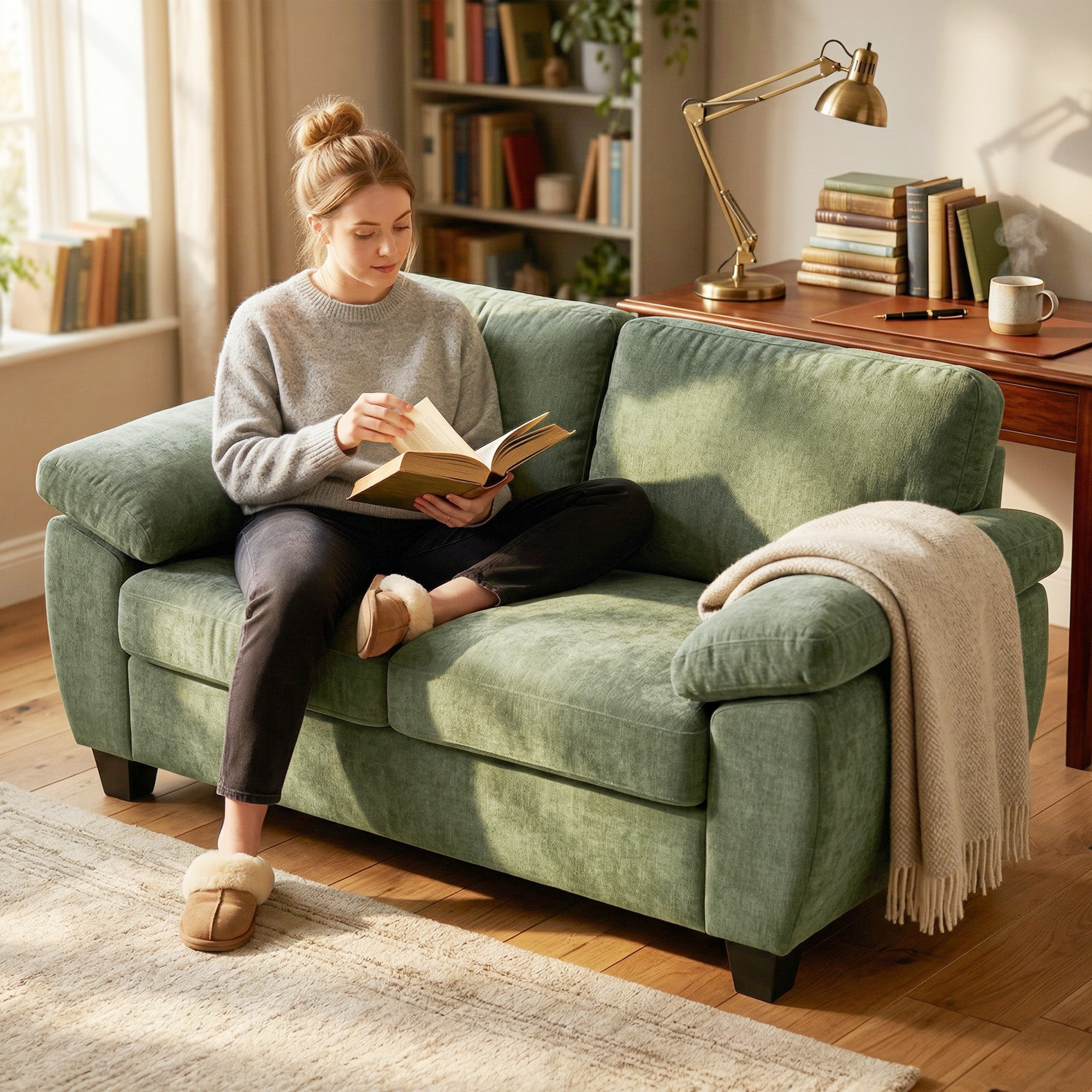 2 Seater Sofa, 156cm Chenille Loveseat Sofa, Dark Green