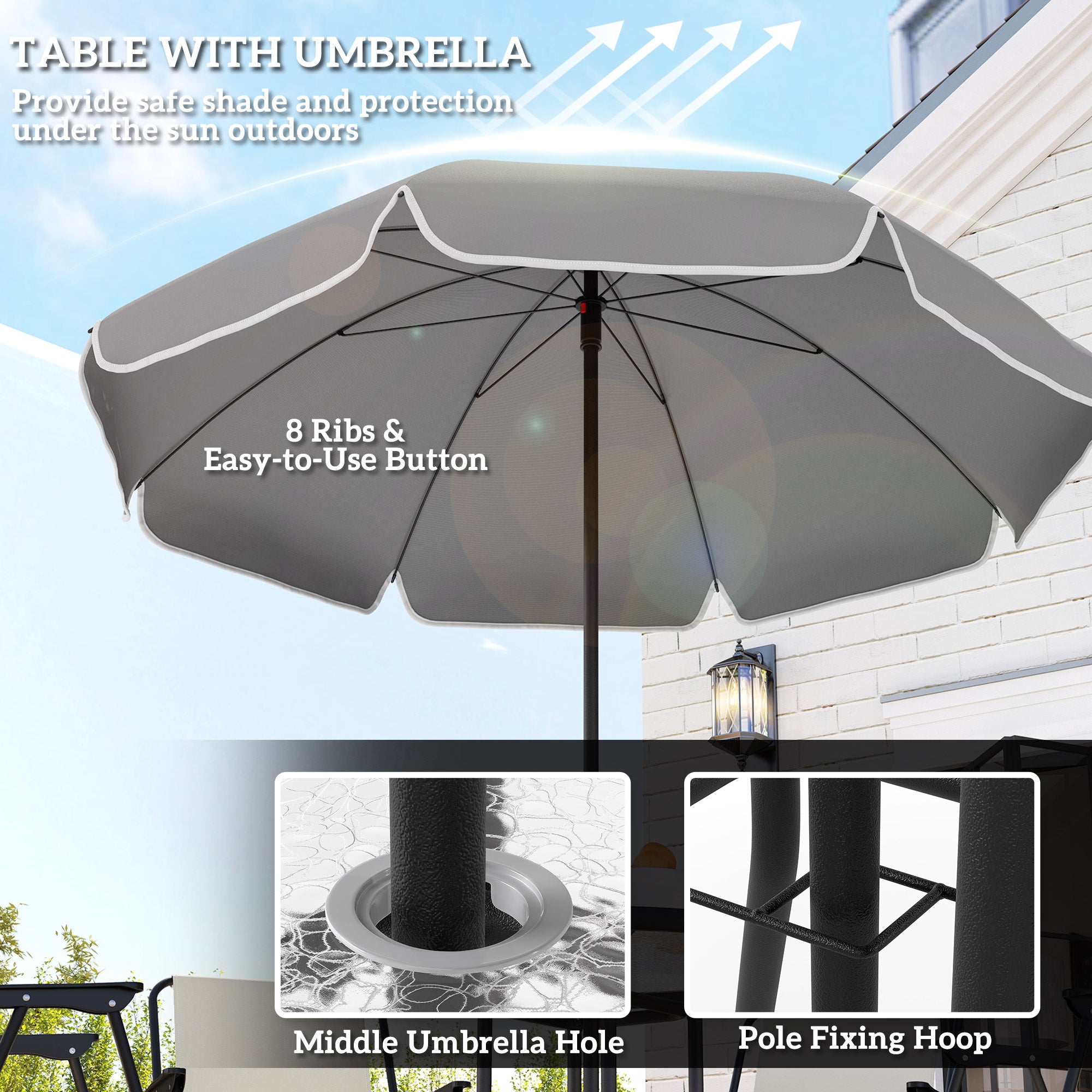 4 Seater Garden Furniture Set, 6 Pieces Garden Table and Chairs with Parasol, Outdoor Garden Dining Set with Folding Chairs and Round Glass Top Table for Patio, Cream White
