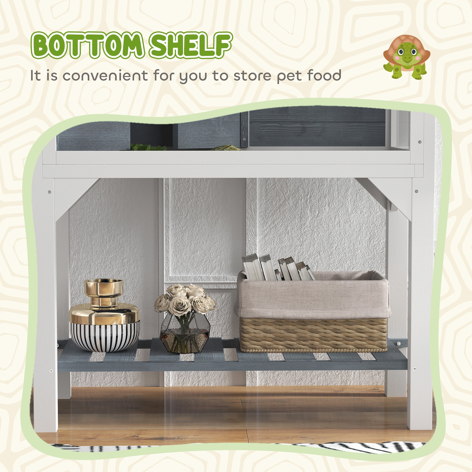 Wooden Tortoise House with Storage Shelf, Observation Windows, Lamp Holder & Openable Top - Grey