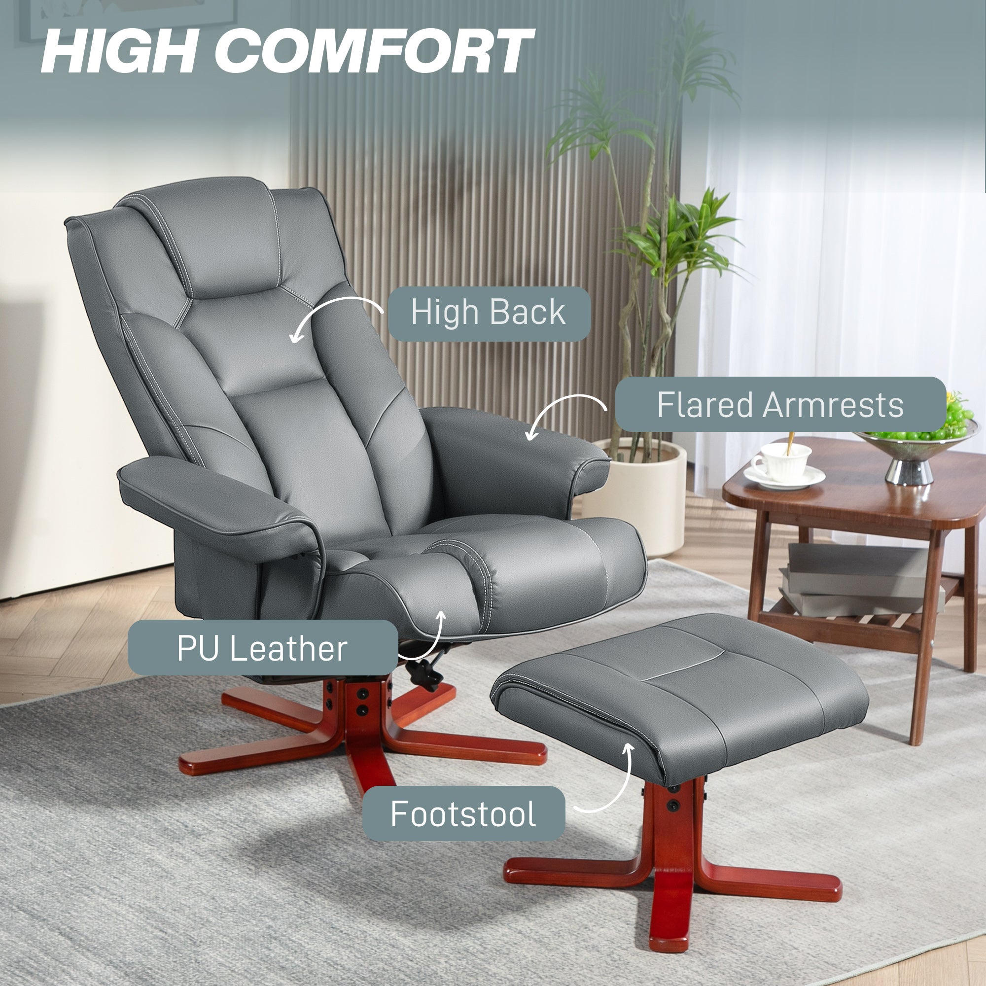 Faux Leather Manual Recliner and Footstool Set - Grey