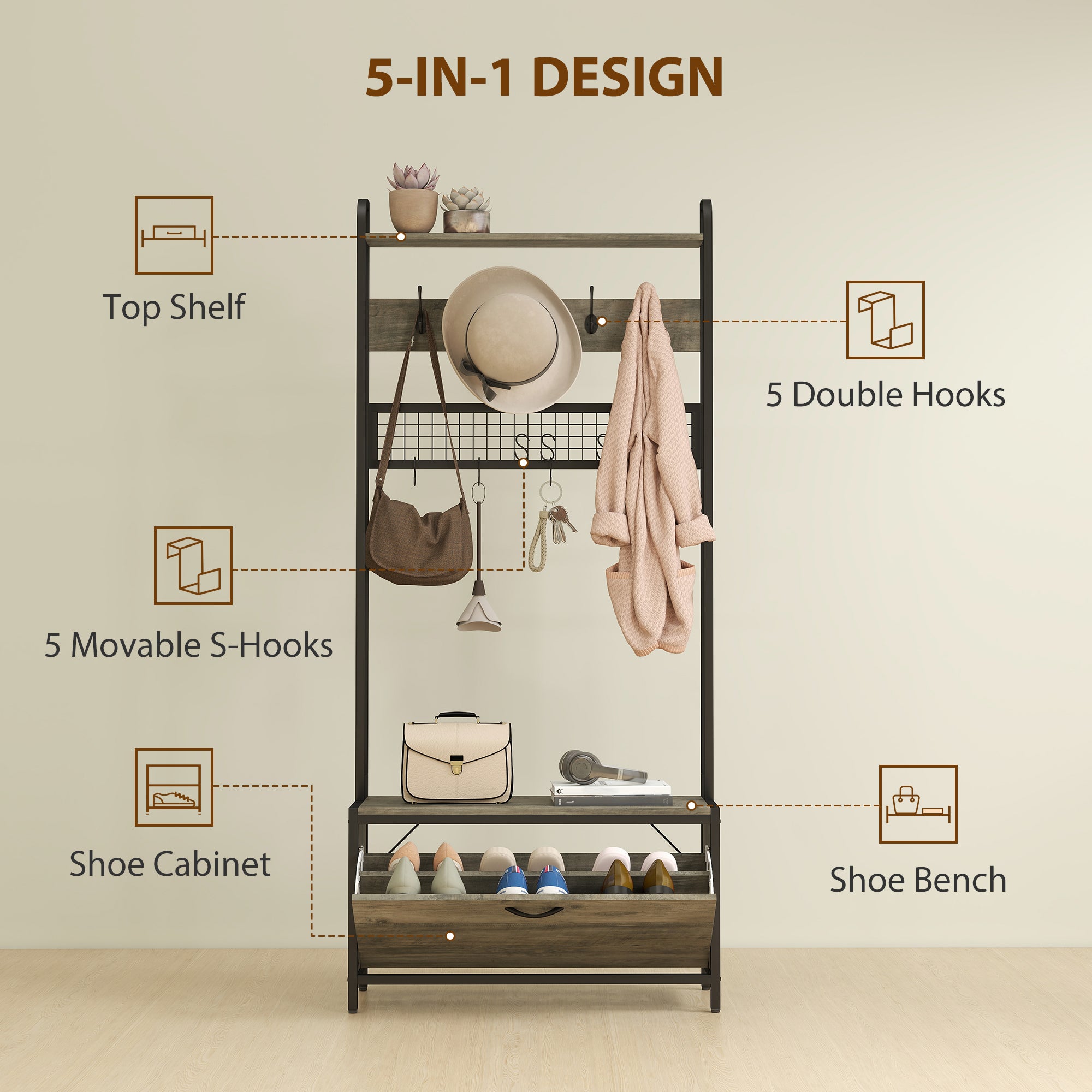 5-In-1 Industrial-Style Hallway Tree - Grey/Black
