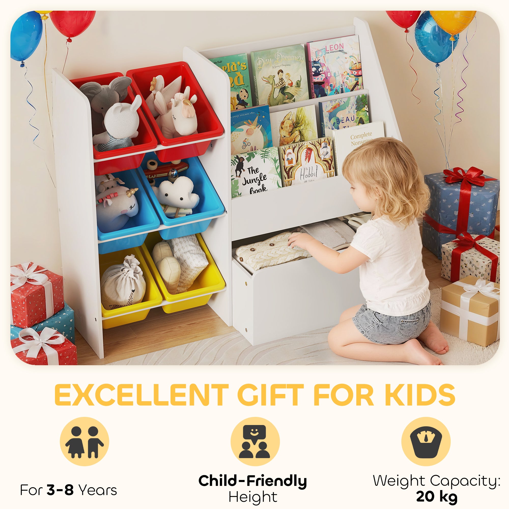 Toy Storage Unit, 3-Tier Toy Organiser Shelf with 6 Removable Storage Bins for Bedroom, Nursery, Multicoloured