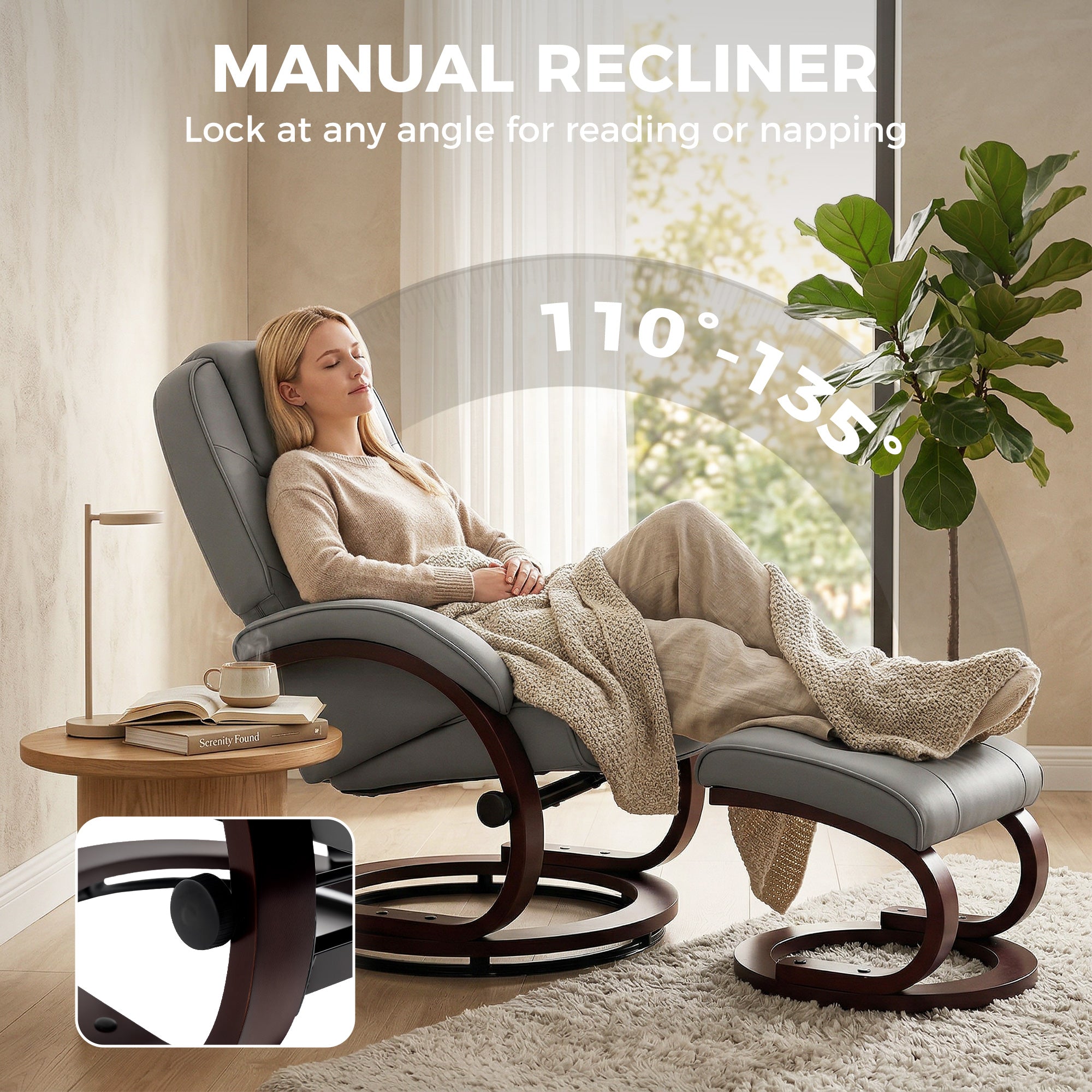Swivel Recliner Chair with Footstool, PU Leather Recliner Armchair with Adjustable Back and Wood Frame, Grey