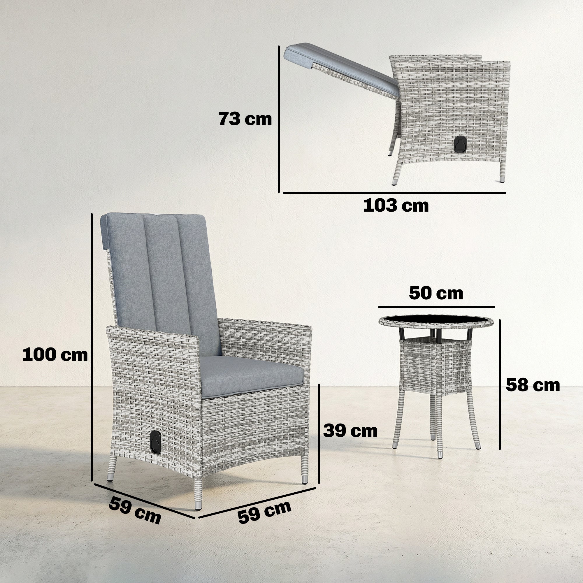 Rattan Bistro Set, Reclining Garden Chairs and Glass Coffee Table with Cushions for Patio Balcony Porch, Light Grey
