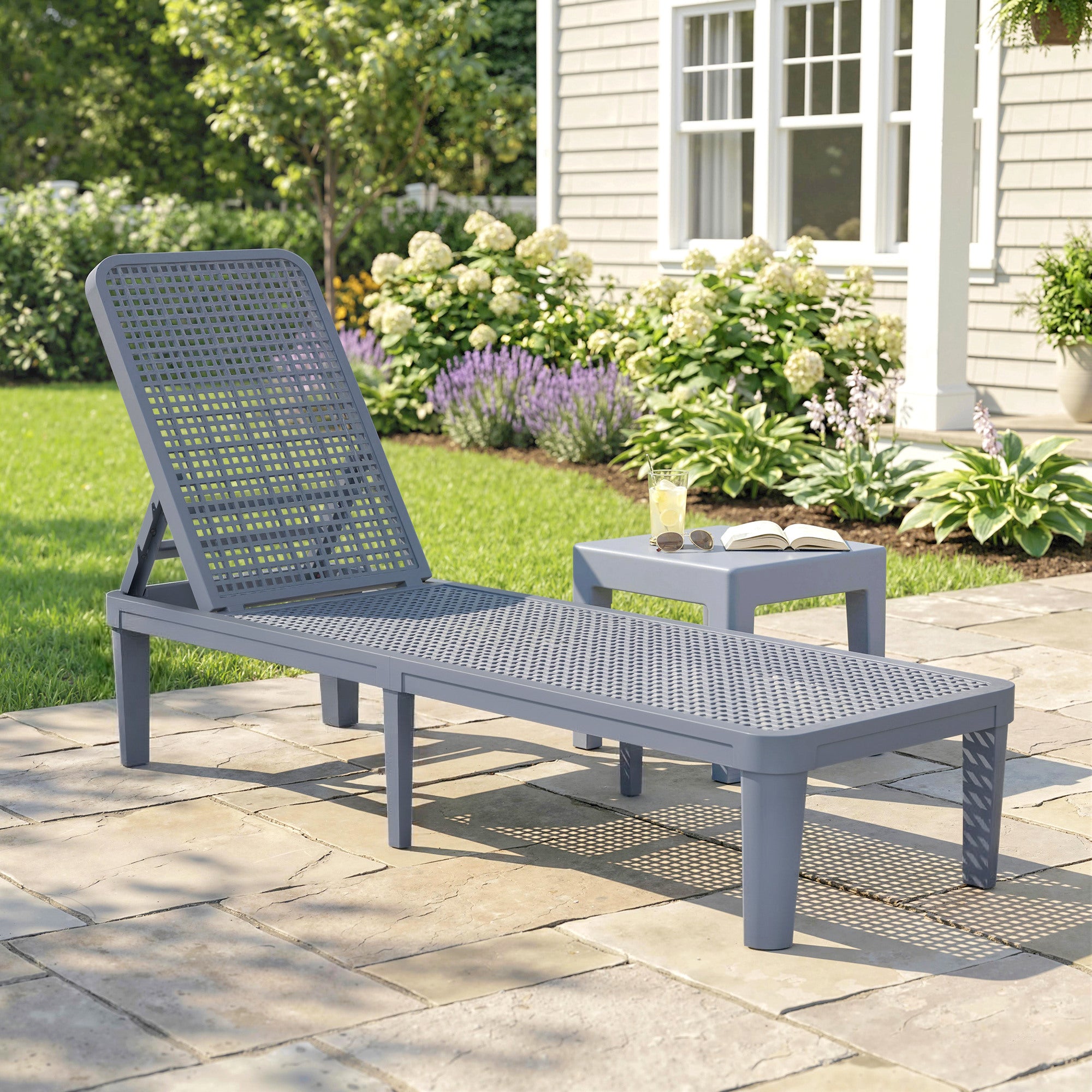 Plastic Sun Lounger, 4-Position Adjustable Reclining Garden Lounger Sunbed for Patio, Beach, Terrace, Dark Grey
