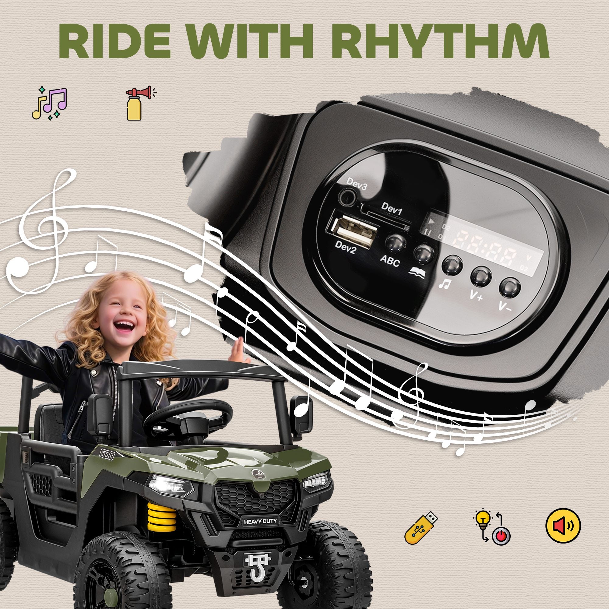 Kids Ride on Car, 12V Electric Kids UTV with Electric Dump Bed, 4-Wheel Suspension for 3-8 Years, Green
