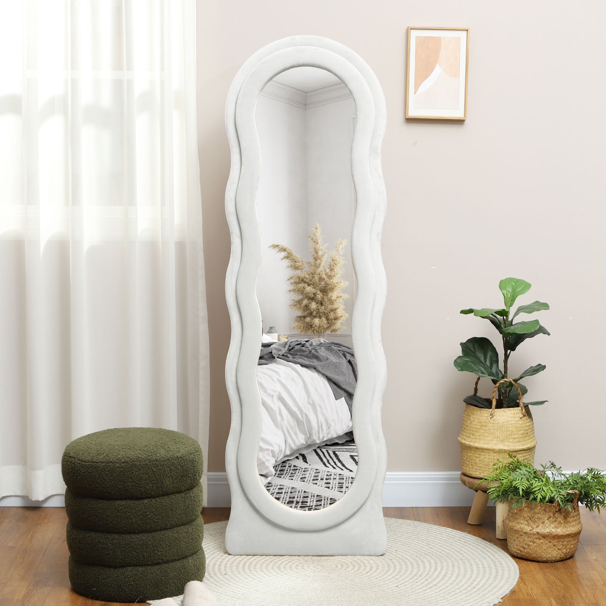 Wavy Velvet-Feel Full Length Mirror - White