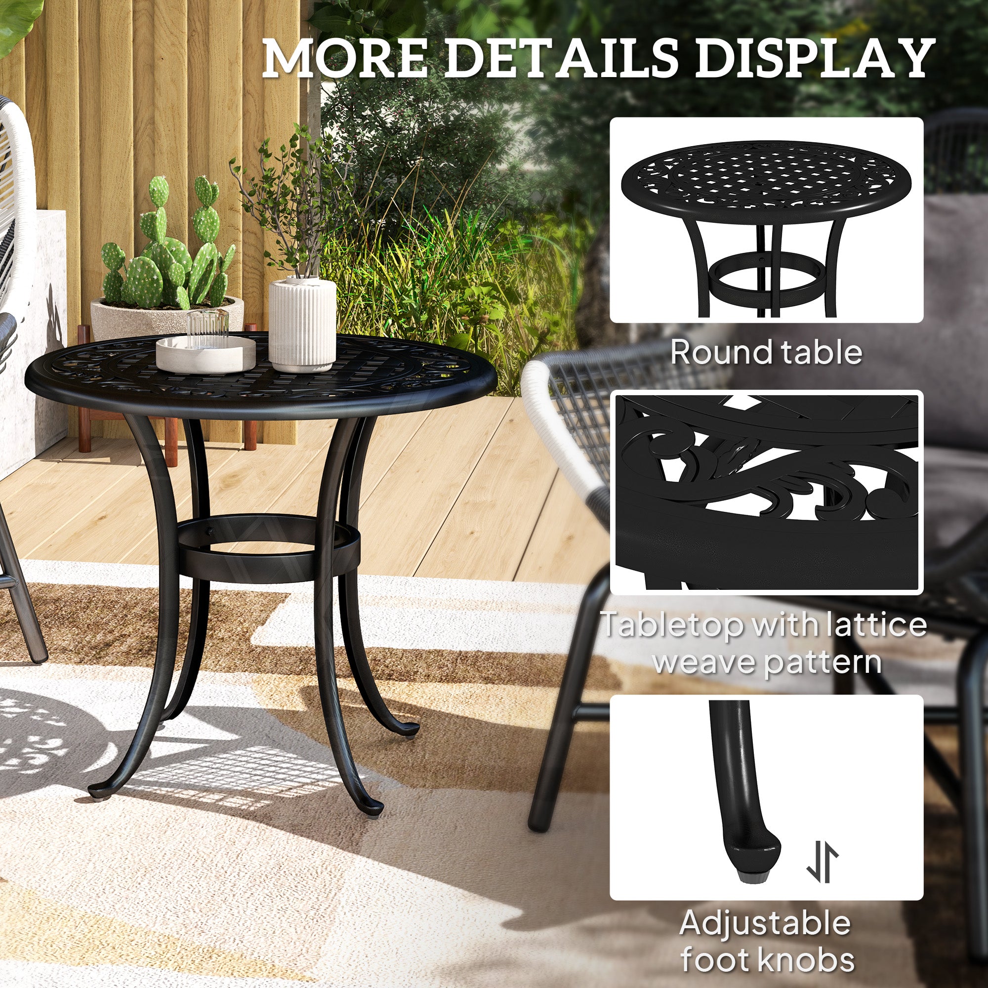 60cm Round Outdoor Garden Side Table with Hollow Top Cast Aluminium Frame - Black