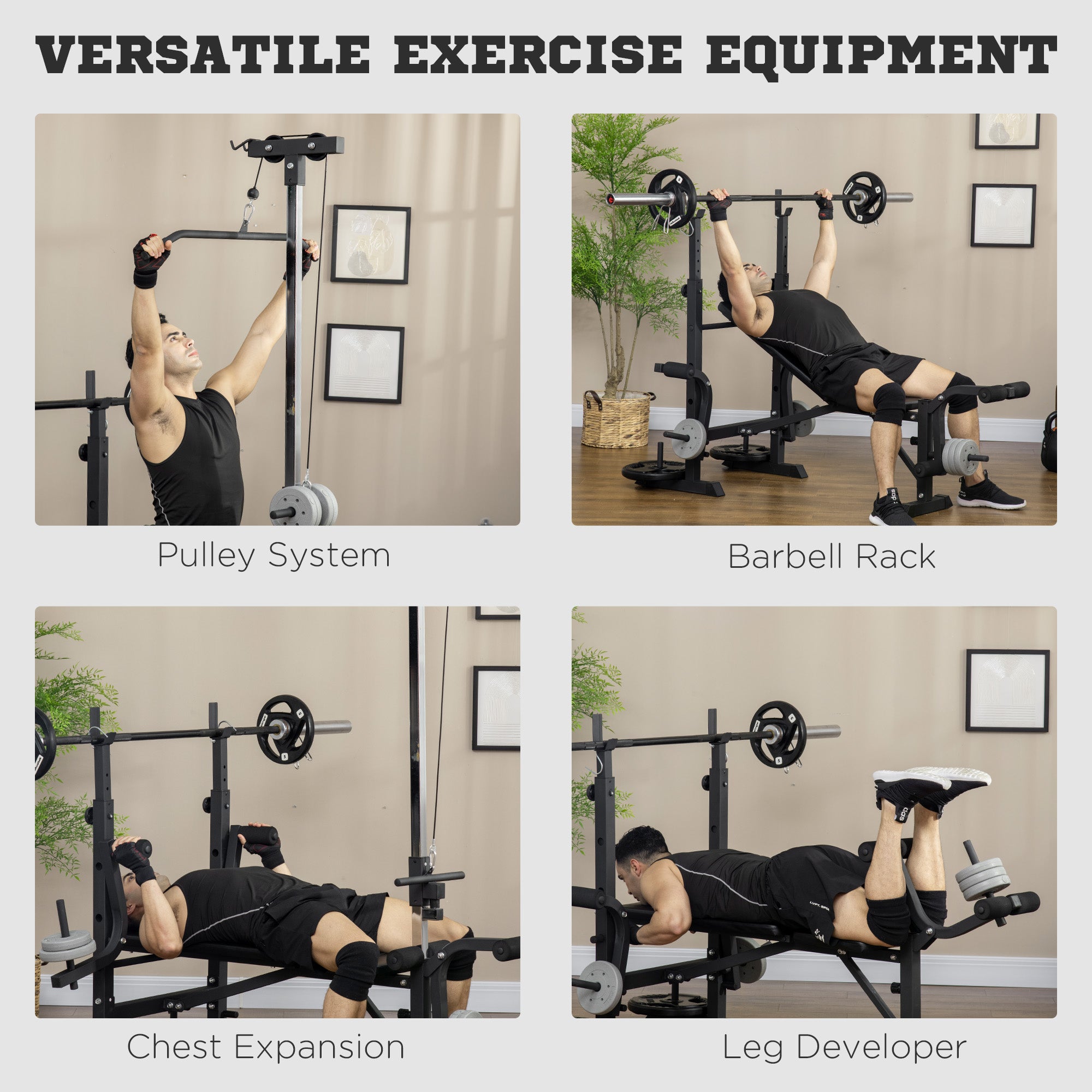 Adjustable Weight Bench with Pulley System, Incline Bench Press Set with Squat Rack, Leg Developer, Butterfly and Weight Storage, for Home Gym Full Body Workout
