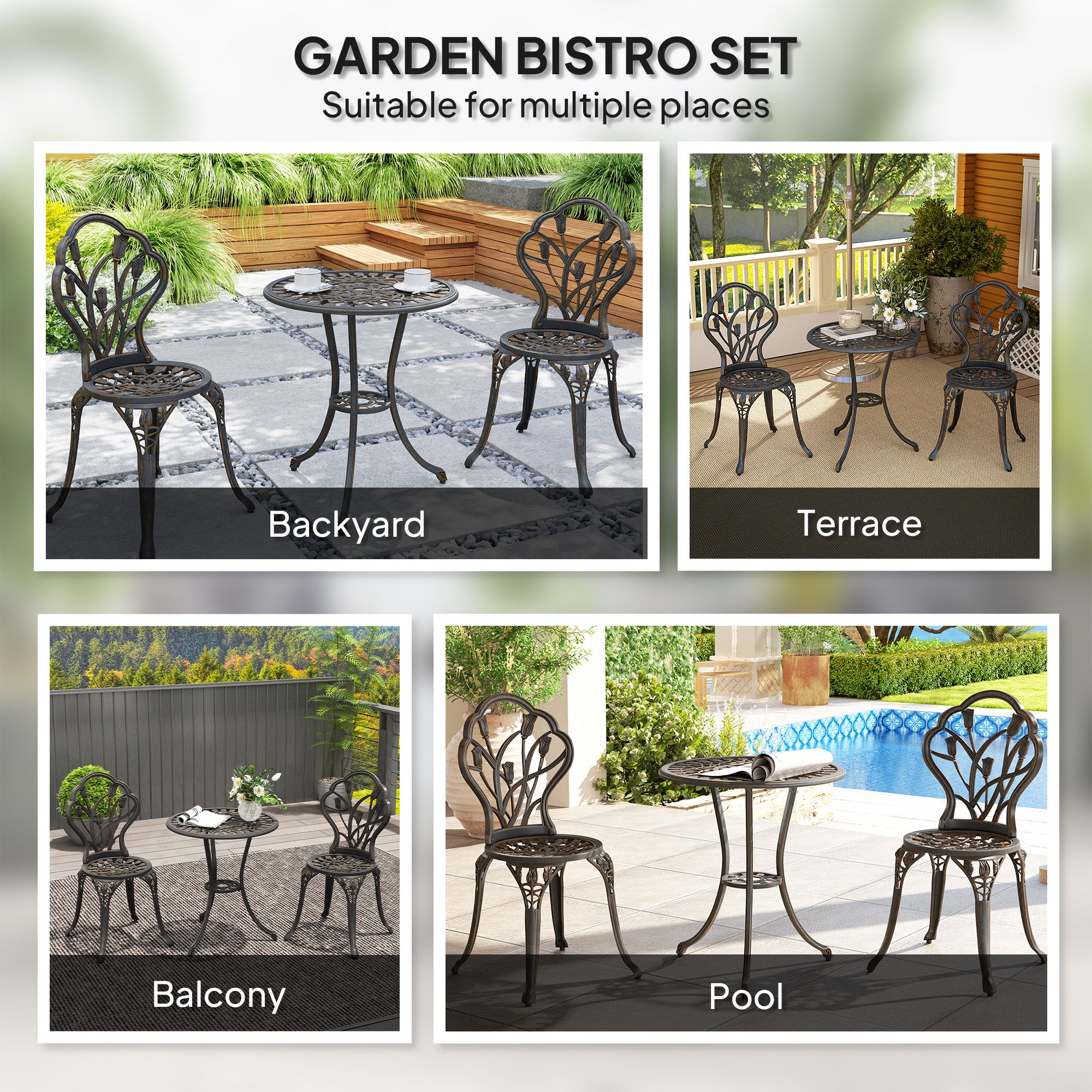 3 Piece Aluminium Patio Bistro Set with Umbrella Hole - Bronze Tone