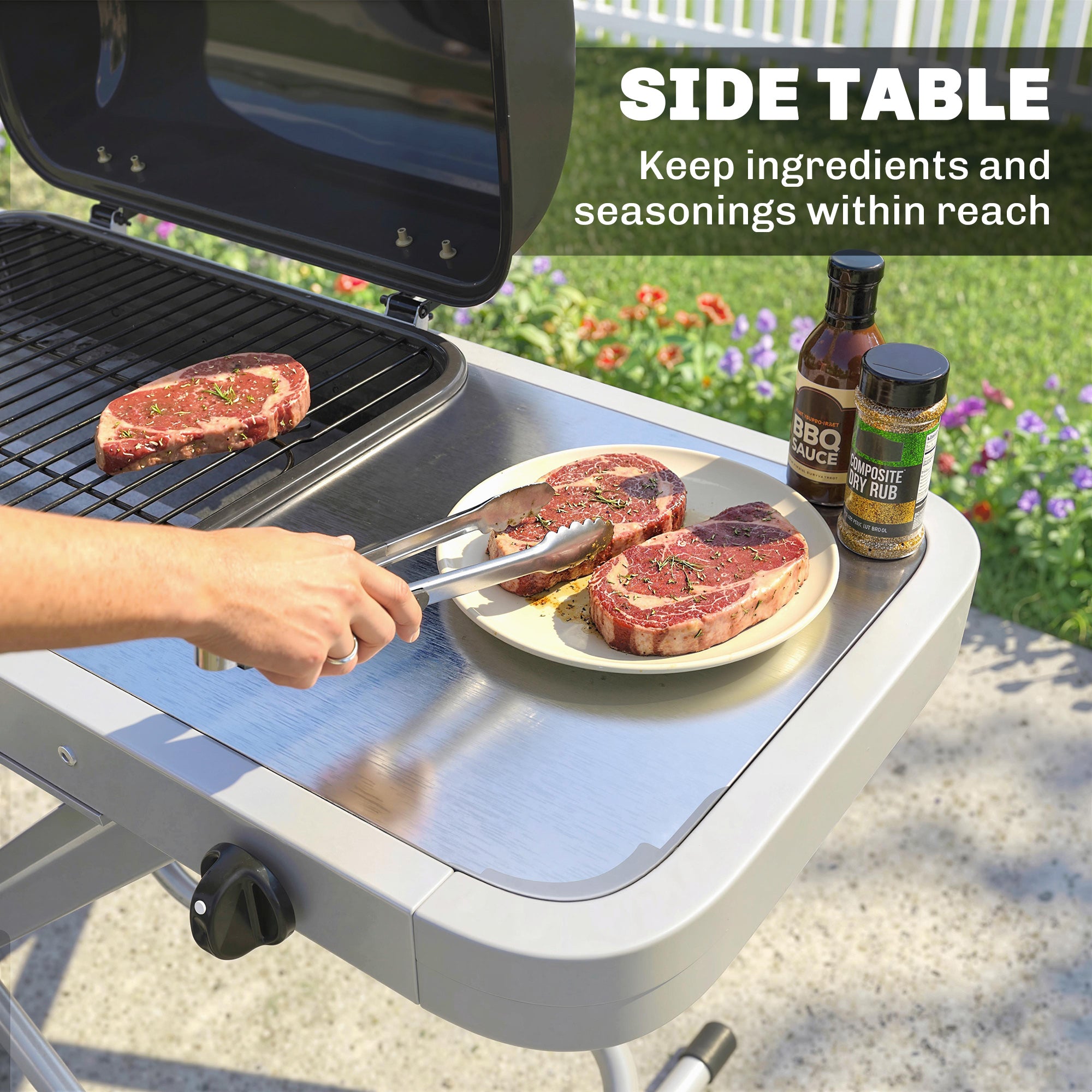 Foldable Gas BBQ Grill with Side Table, Portable Gas Barbecue Grill with Thermometer, Grease Box, Wheels, 2.5 kW, Black