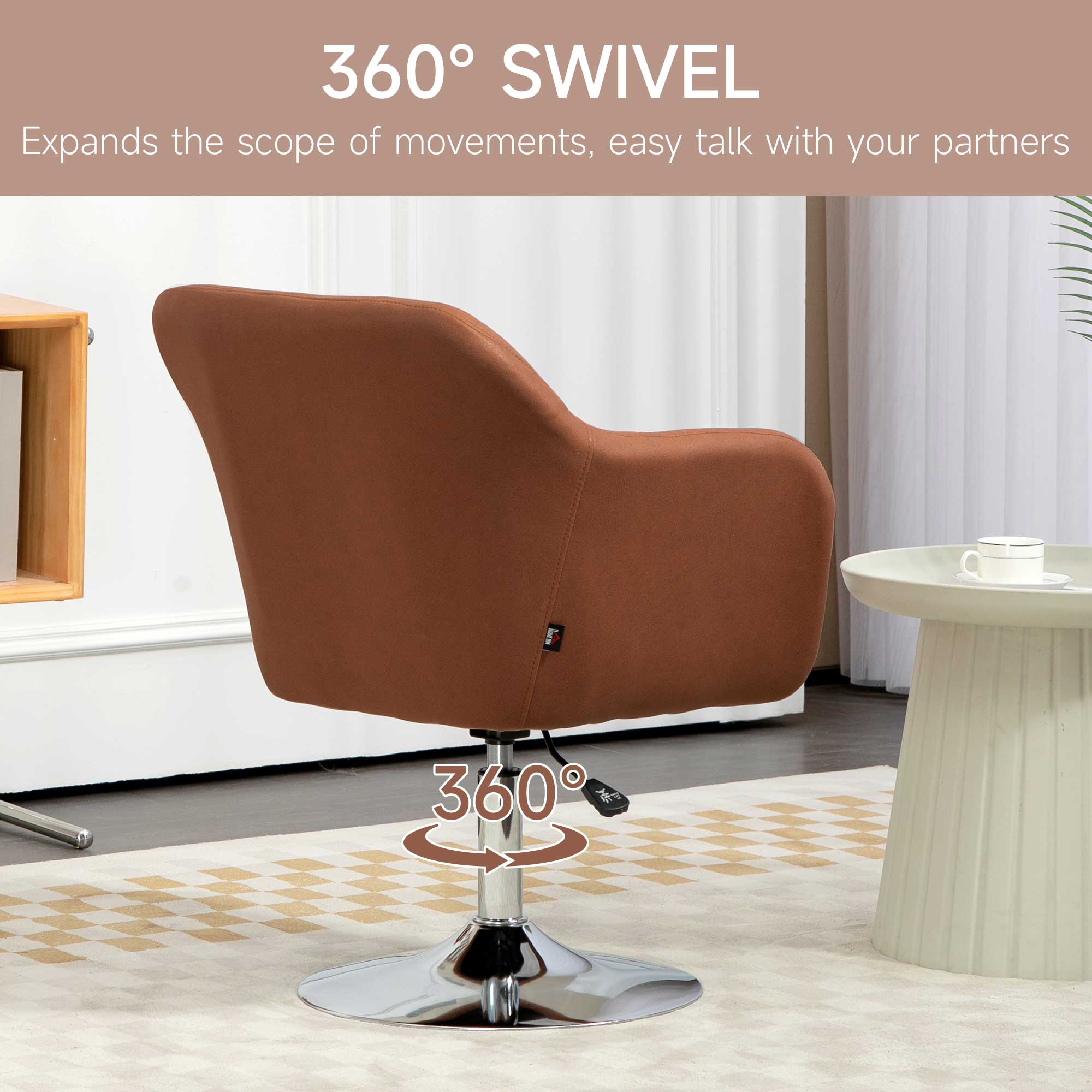 Swivel Microfibre Accent Chair for Living Room Contemporary Vanity Armchair with Adjustable Height Thick Cushion Lumbar Support Armrest for Bedroom Office Brown