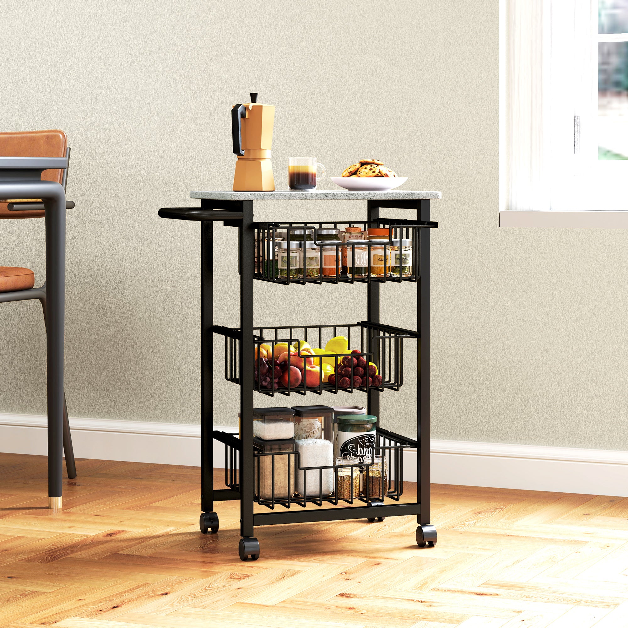 Three Basket Mobile Kitchen Island, with Brakes - Grey/Black