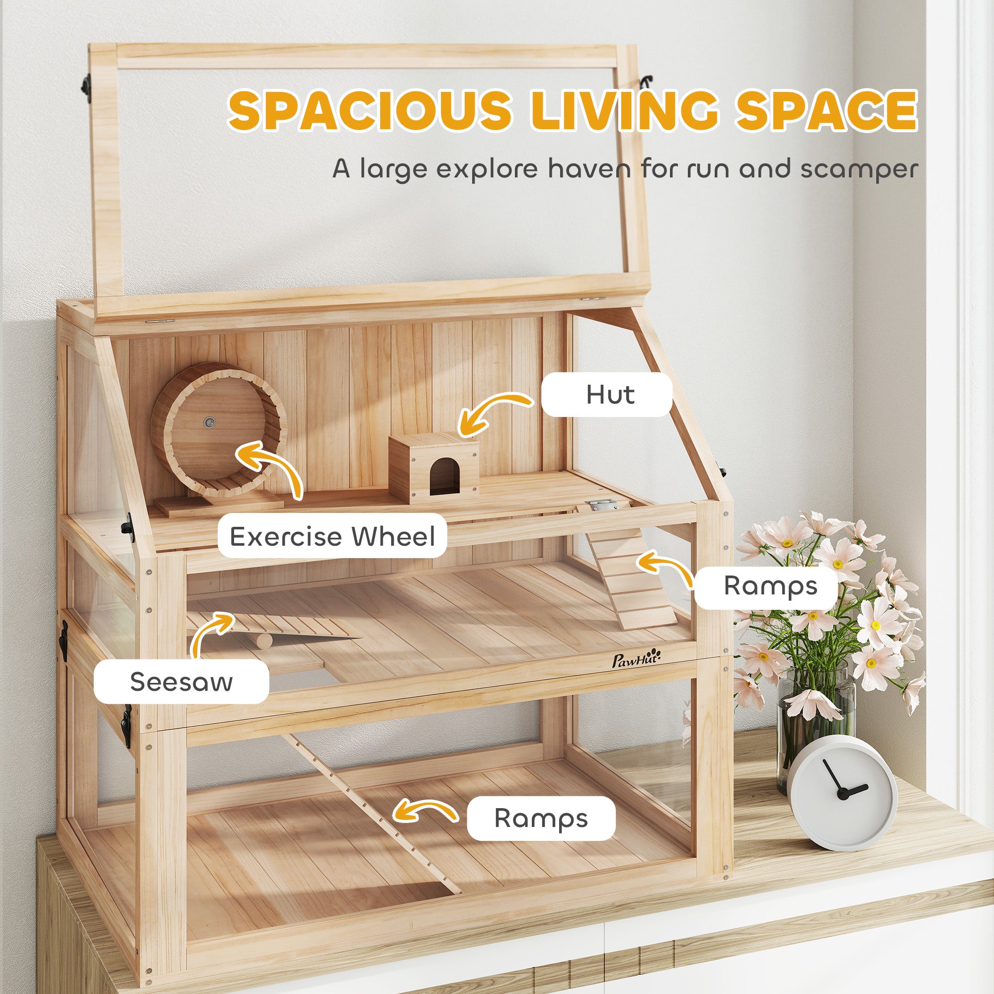 Wooden Hamster Cage with Detachable 31cm Deep Bottom, Hut, Seesaw, Exercise Wheel, Ramp, 80 x 50 x 76cm, Natural