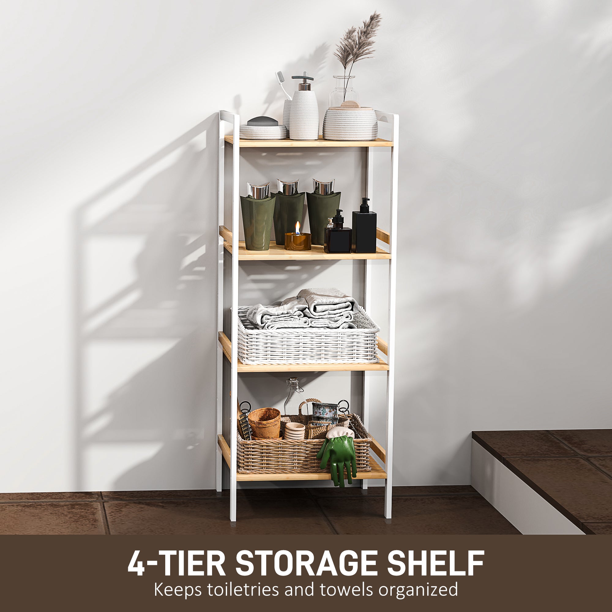 Four-Tier Adjustable Bamboo Shelf Storage Unit - Natural and White
