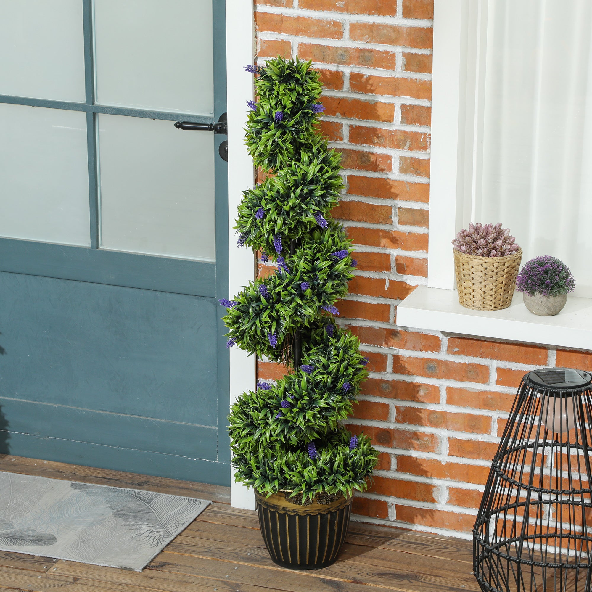 Set of 2 Spiral Boxwood Topiary Trees with Lavender and Pots 115cm - Blue