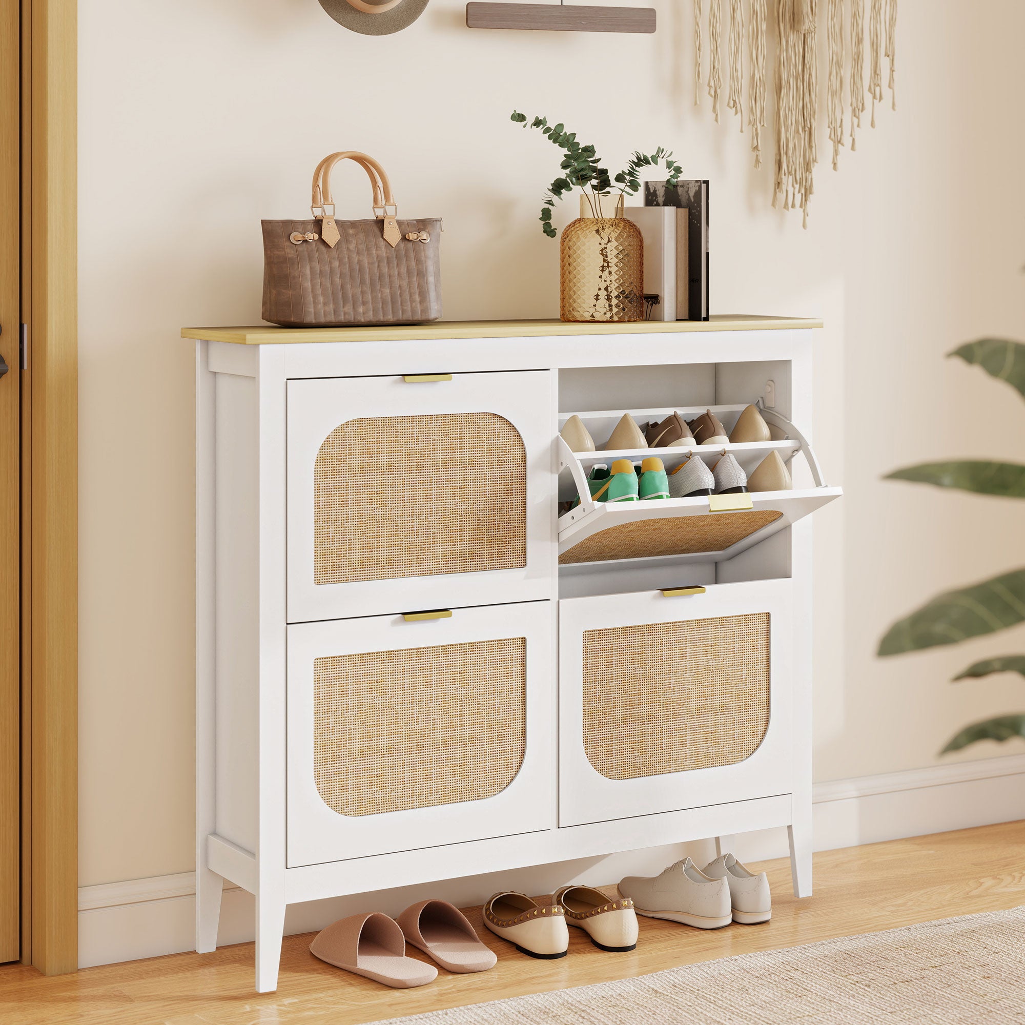 Narrow Shoe Cabinet, Boho Slim Shoe Storage Cabinet with 4 Flip Drawers, Holds 20 Pairs, White