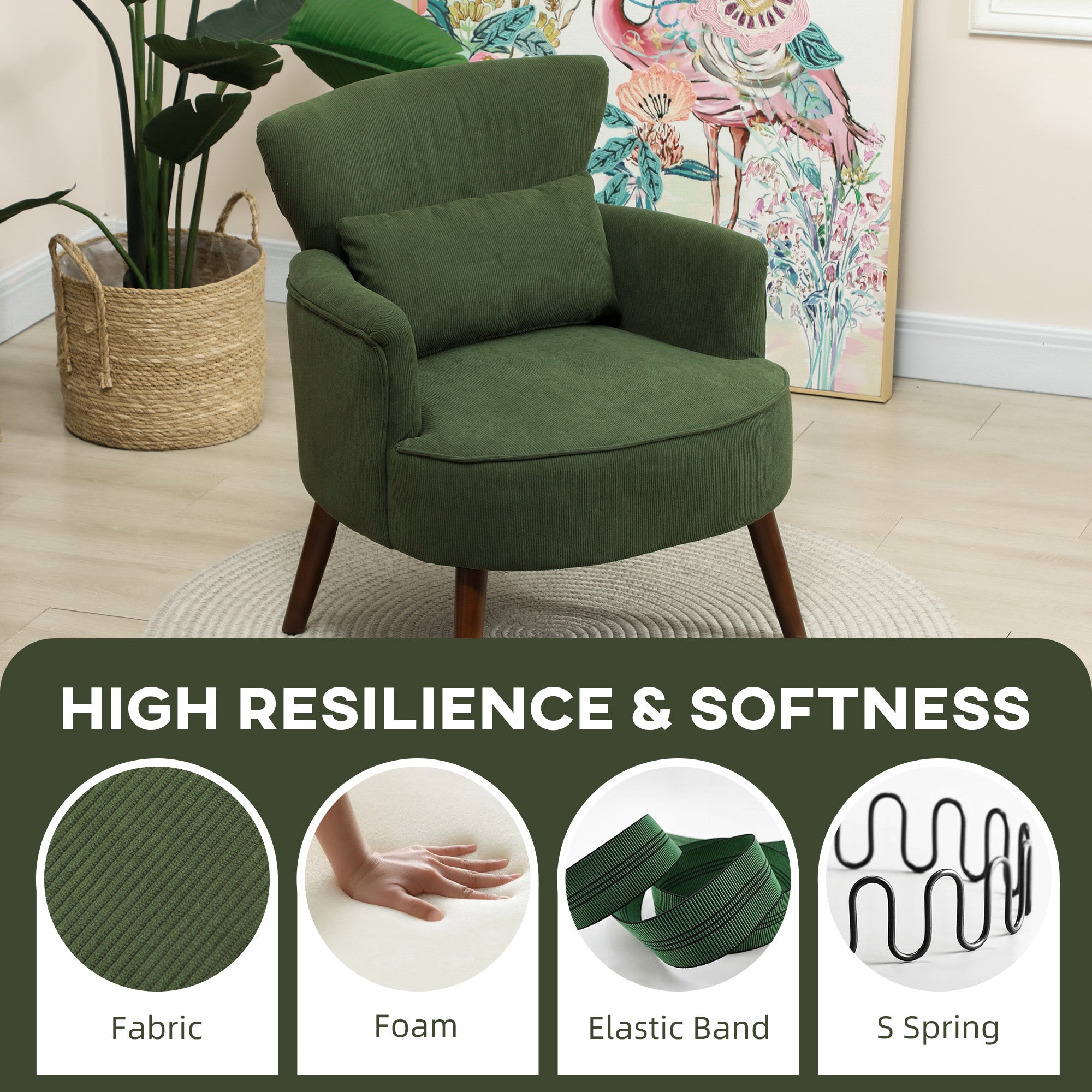Corduroy Retro Wingback Accent Chair with Cushion - Green