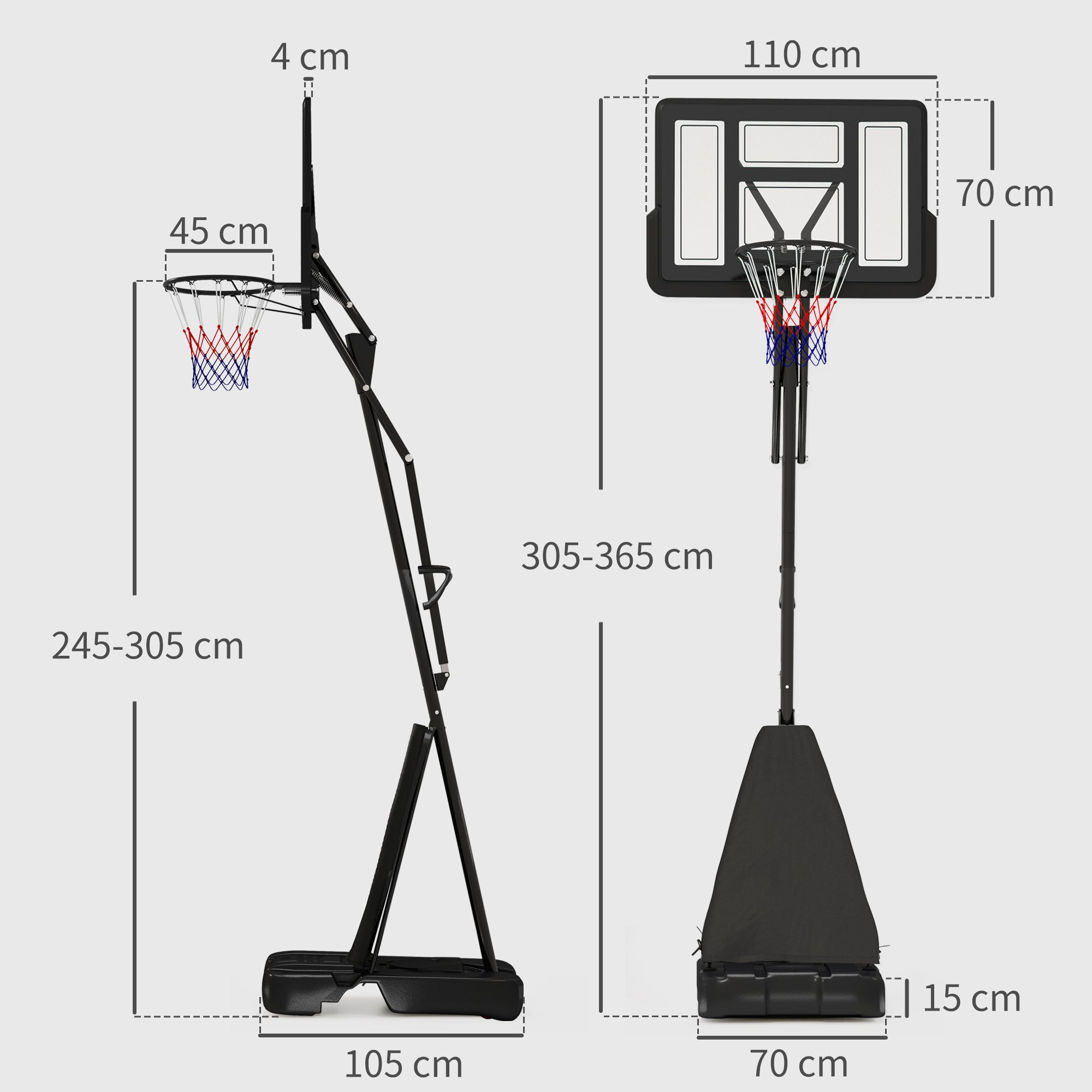 Basketball Hoop Outdoor, Height Adjustable Basketball Hoop and Stand with Rebound System, Weighted Base, Portable on Wheels, 2.45-3.05m, for Teens, Juniors, Adults, Black