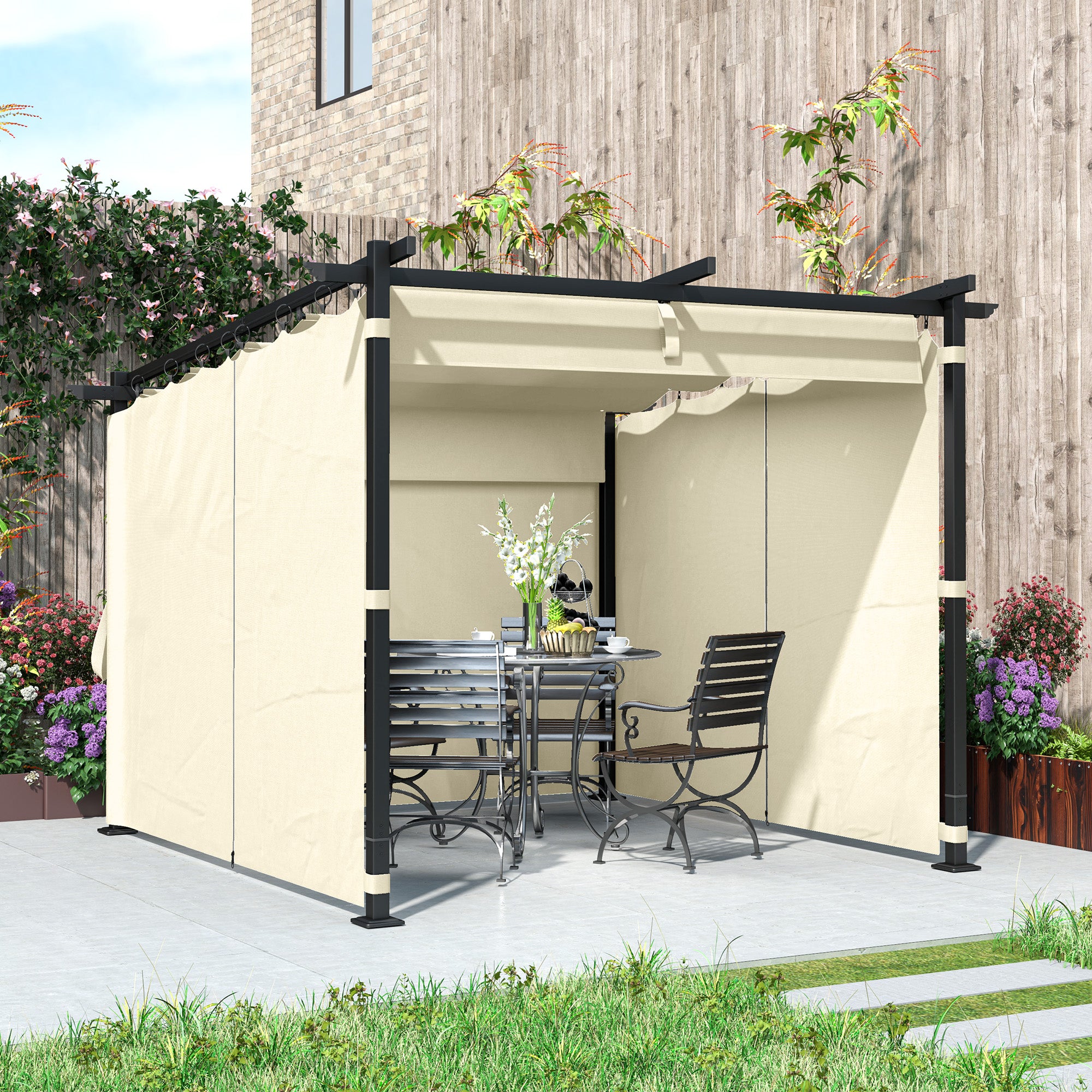 3 x 3 Metre Retractable Roof Pergola with Curtains - Beige