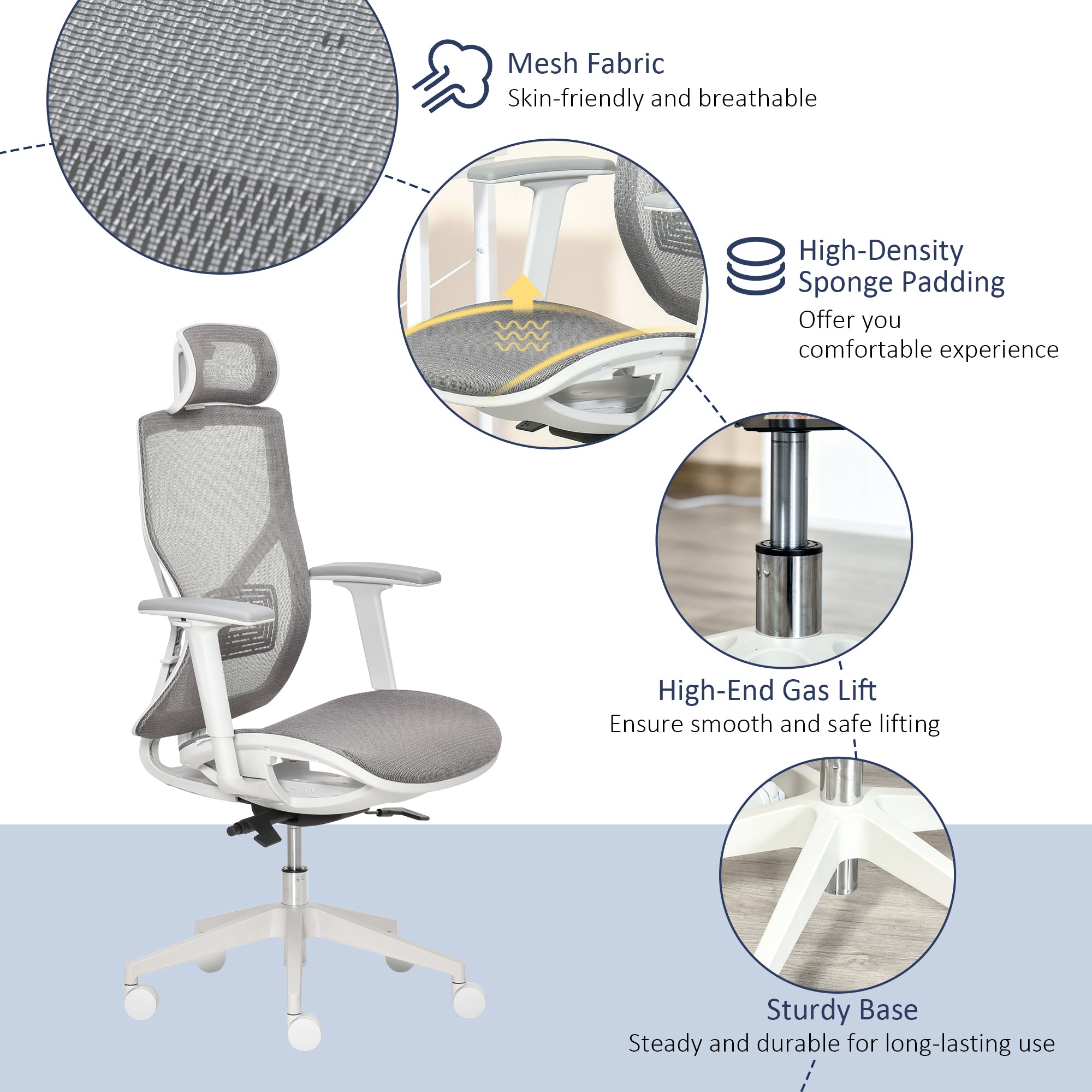 Ergonomic Office Chair with 360° , Wheel, Mesh Back, Adjustable Height & 3D Armrest for Home Office, Grey