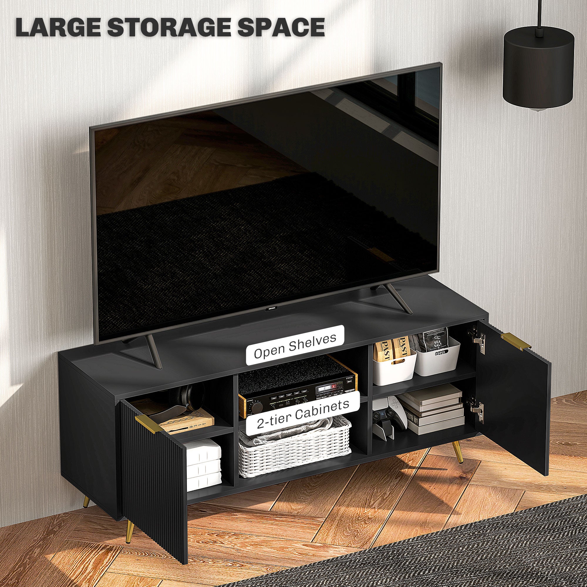 Modern TV Stand Cabinet for TVs up to 55" with 2 Shelves & 2 Cabinets, Cable Management - Black