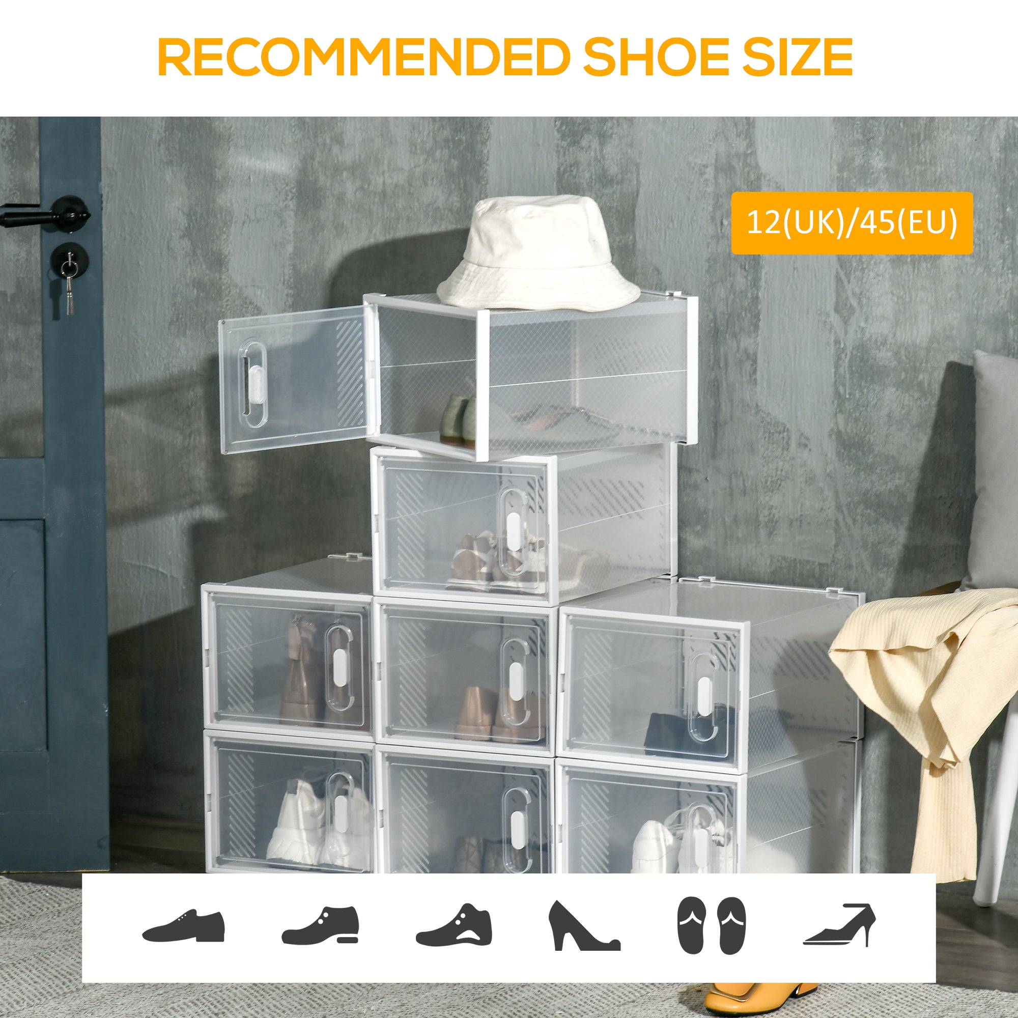 8PCS Clear Shoe Box, Plastic Stackable Shoe Storage Box for UK/EU Size up to 12/46 with Magnetic Door for Women/Men, 28 x 36 x 21 cm