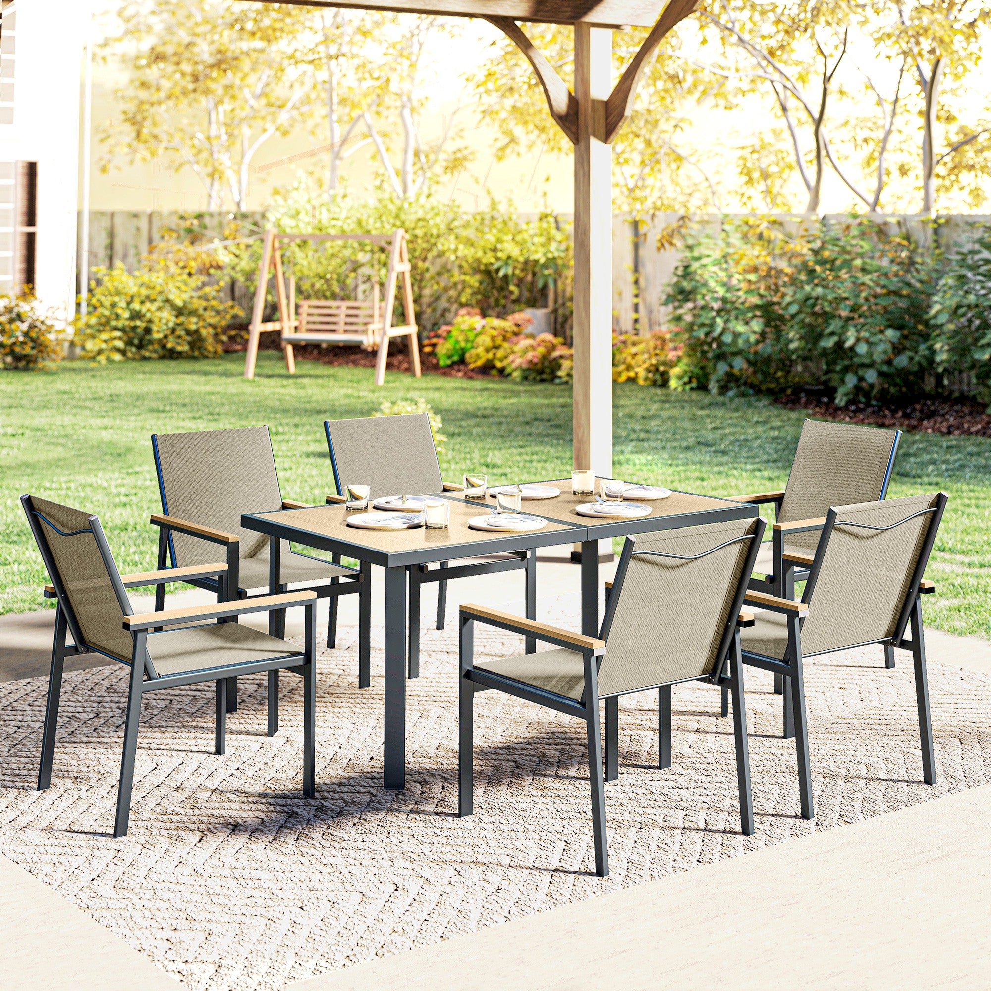 Seven-Piece Metal Garden Dining Set, with Glass-Top Table - Khaki