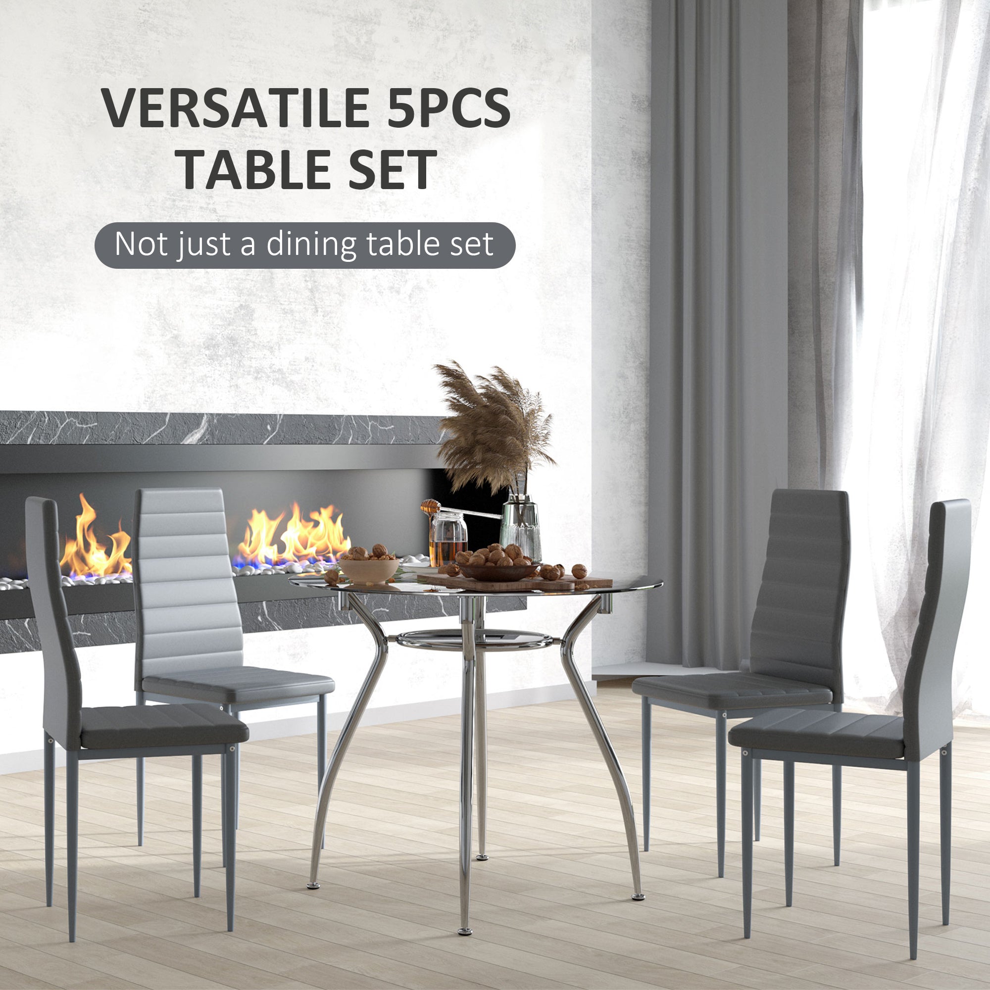 Five-Piece Dining Set, with Padded Chairs and Glass-Top Table - Grey