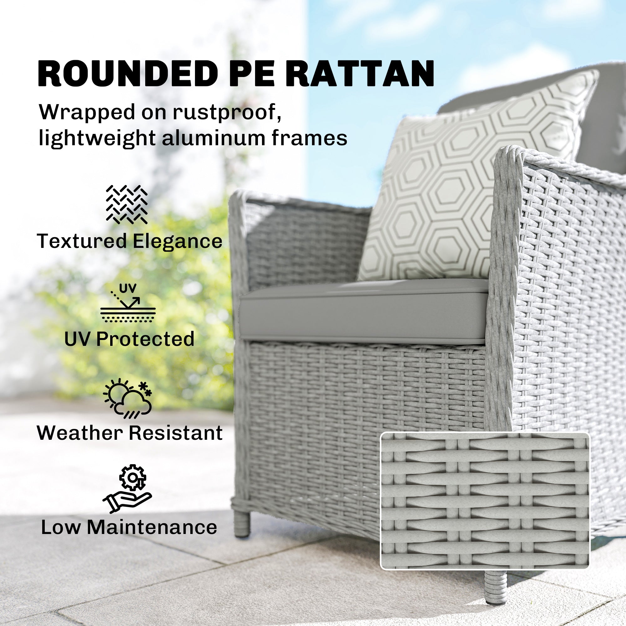 Rattan Dining Set with Turntable, Marble Effect Glass Table and 6 Armchairs, Aluminium Frame, Grey