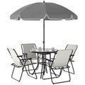 4 Seater Garden Dining Set with Parasol and Folding Chairs, Round Glass Table - Cream White