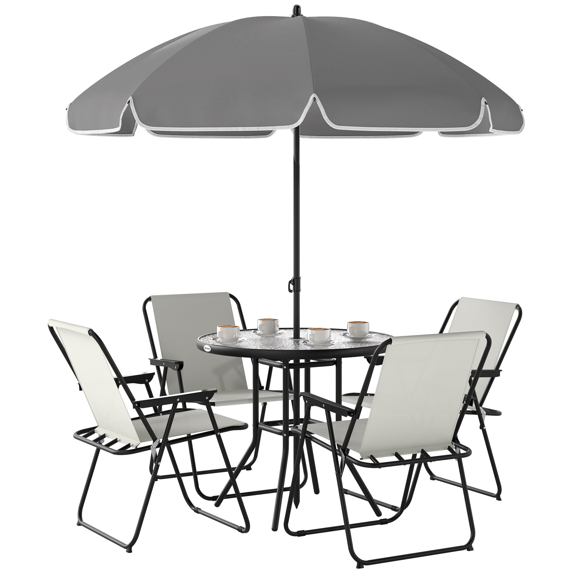 4 Seater Garden Furniture Set, 6 Pieces Garden Table and Chairs with Parasol, Outdoor Garden Dining Set with Folding Chairs and Round Glass Top Table for Patio, Cream White