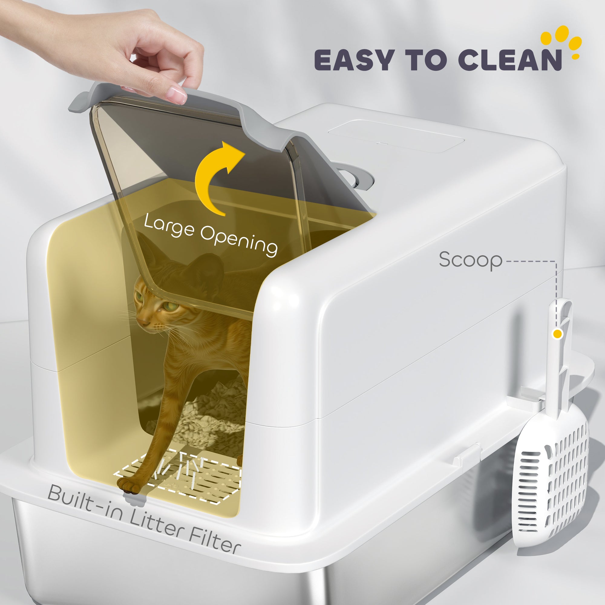 Stainless Steel Cat Litter Box for Larger Cats with Removable Lid, Scoop & Filter Bags - White